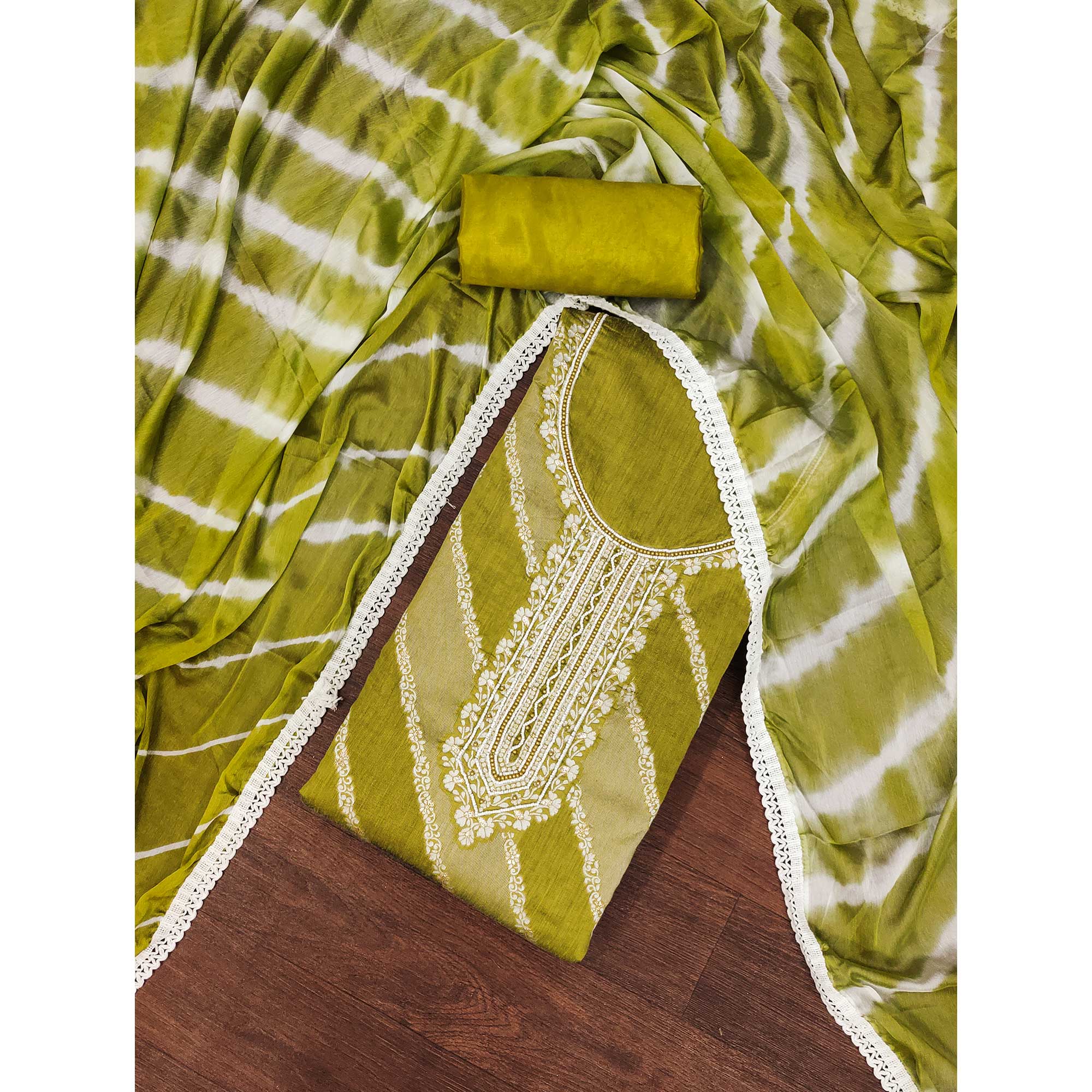 Green Floral Woven With Handwork Banarasi Silk Dress Material