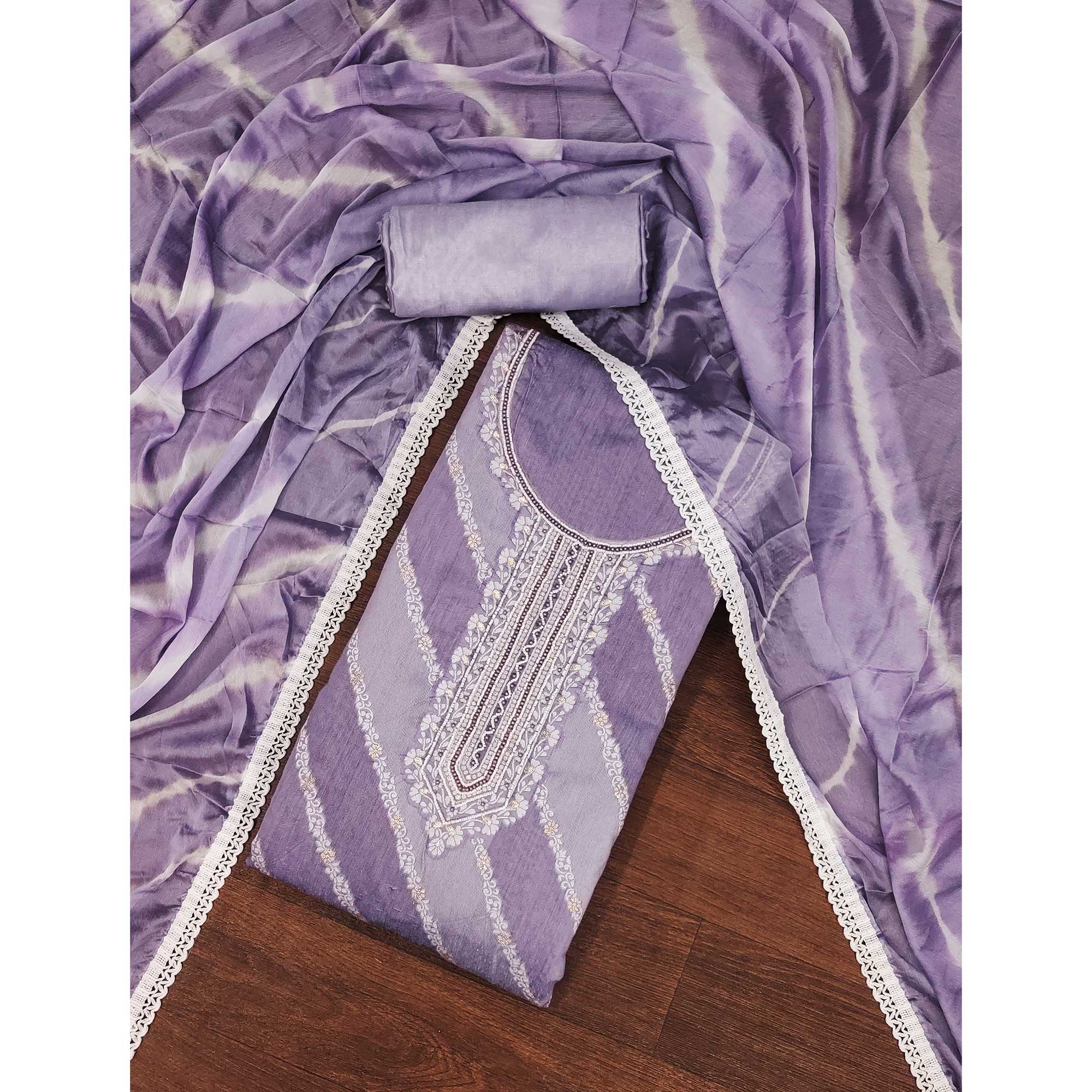 Lavender Floral Woven With Handwork Banarasi Silk Dress Material