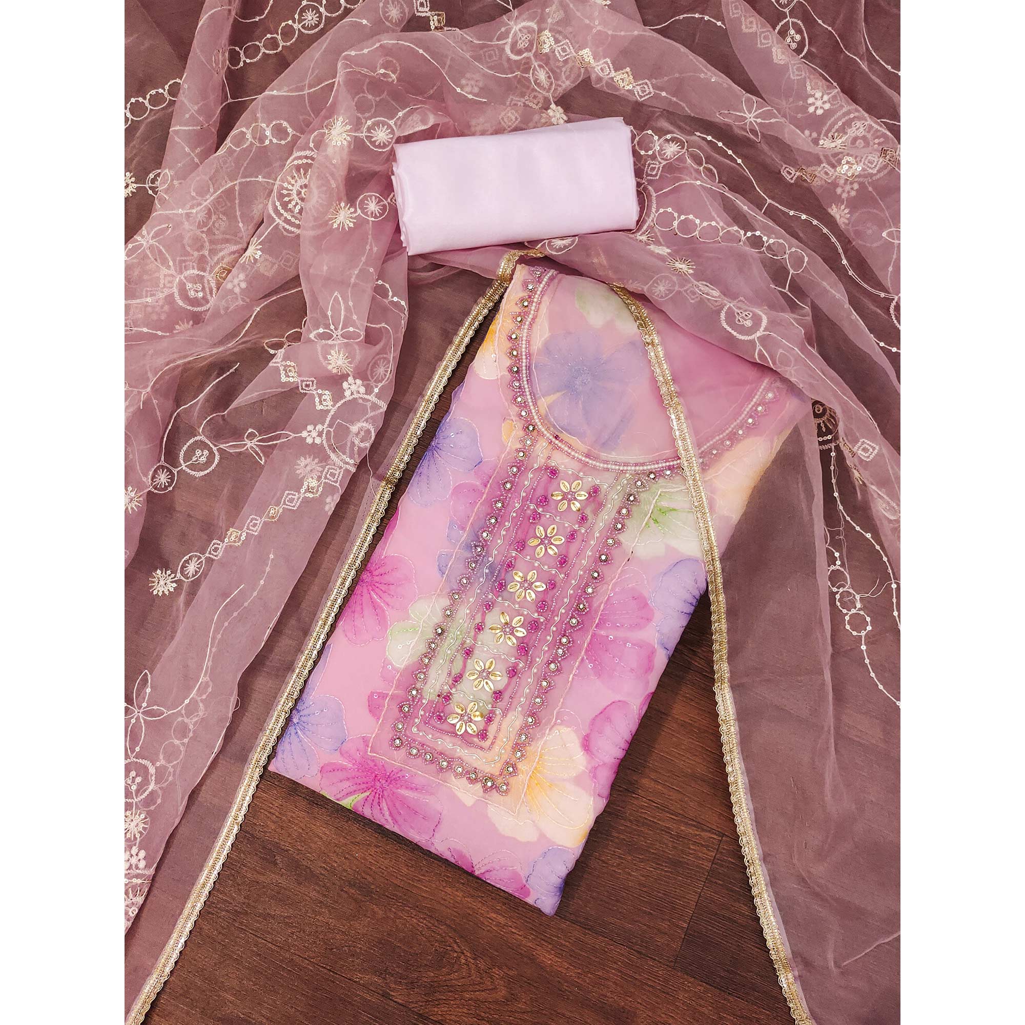 Pink Floral Sequins Embroidery With Handwork Organza Dress Material