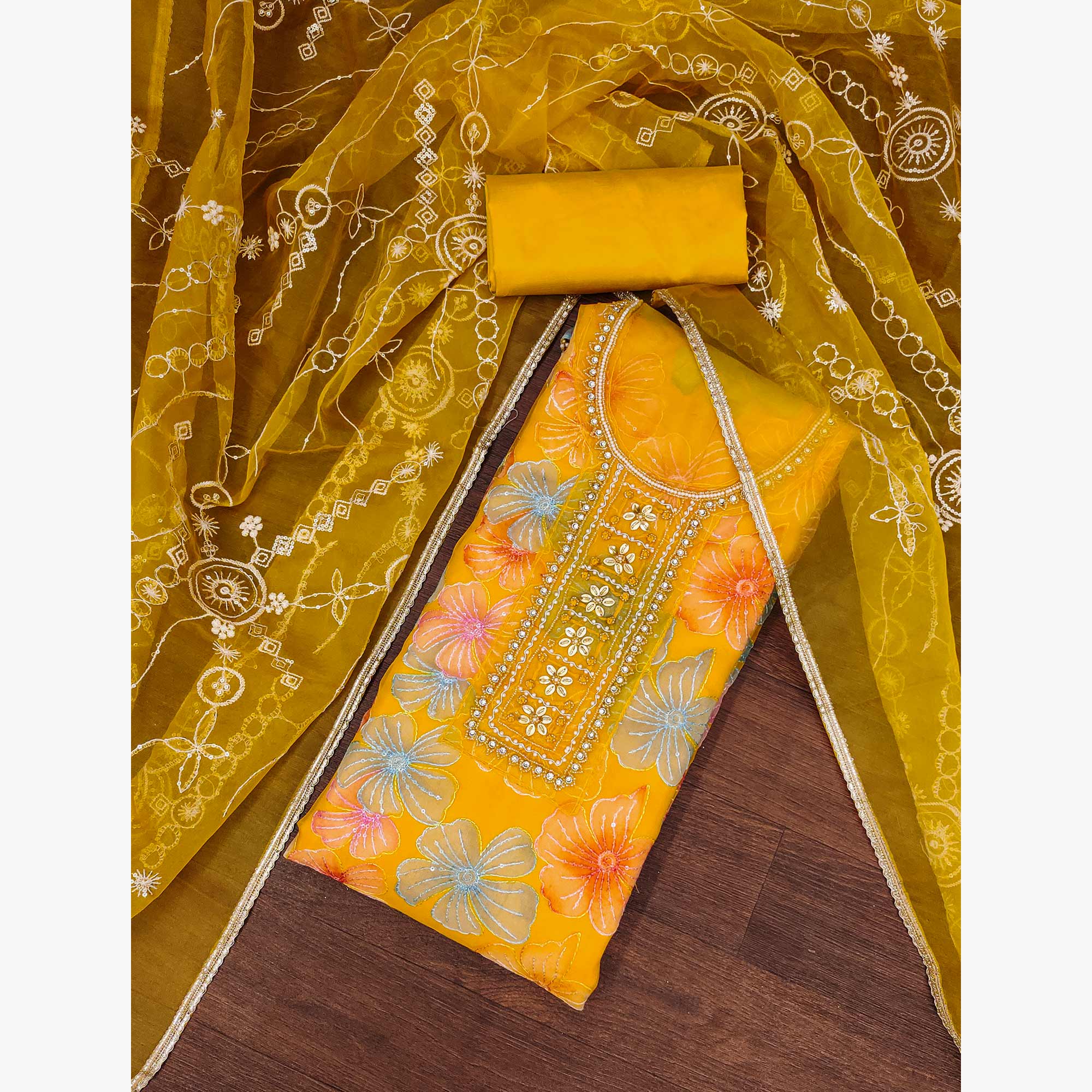 Yellow Floral Sequins Embroidery With Handwork Organza Dress Material
