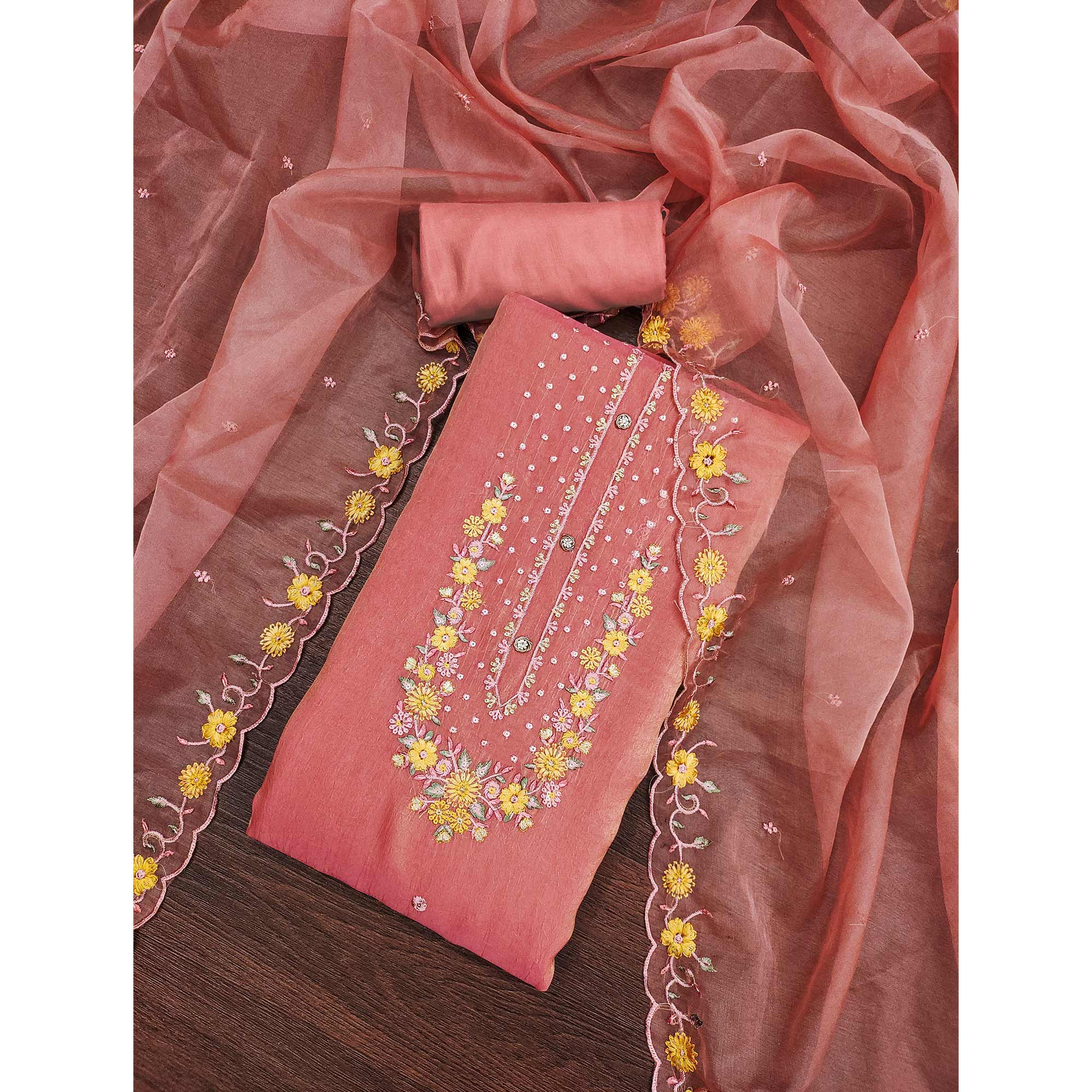 Peach Floral Sequins Embroidered Viscose Dress Material