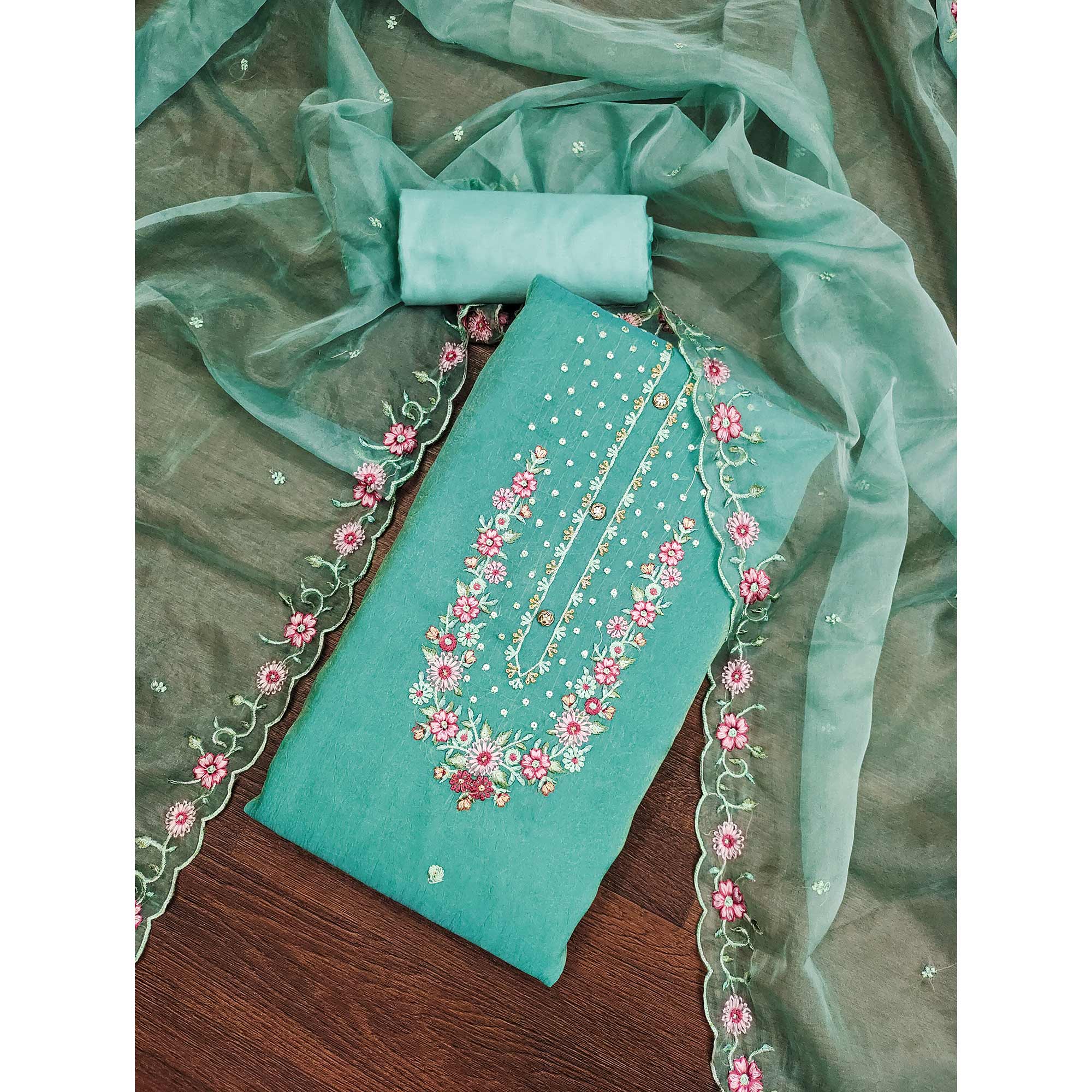 Turquoise Floral Sequins Embroidered Viscose Dress Material