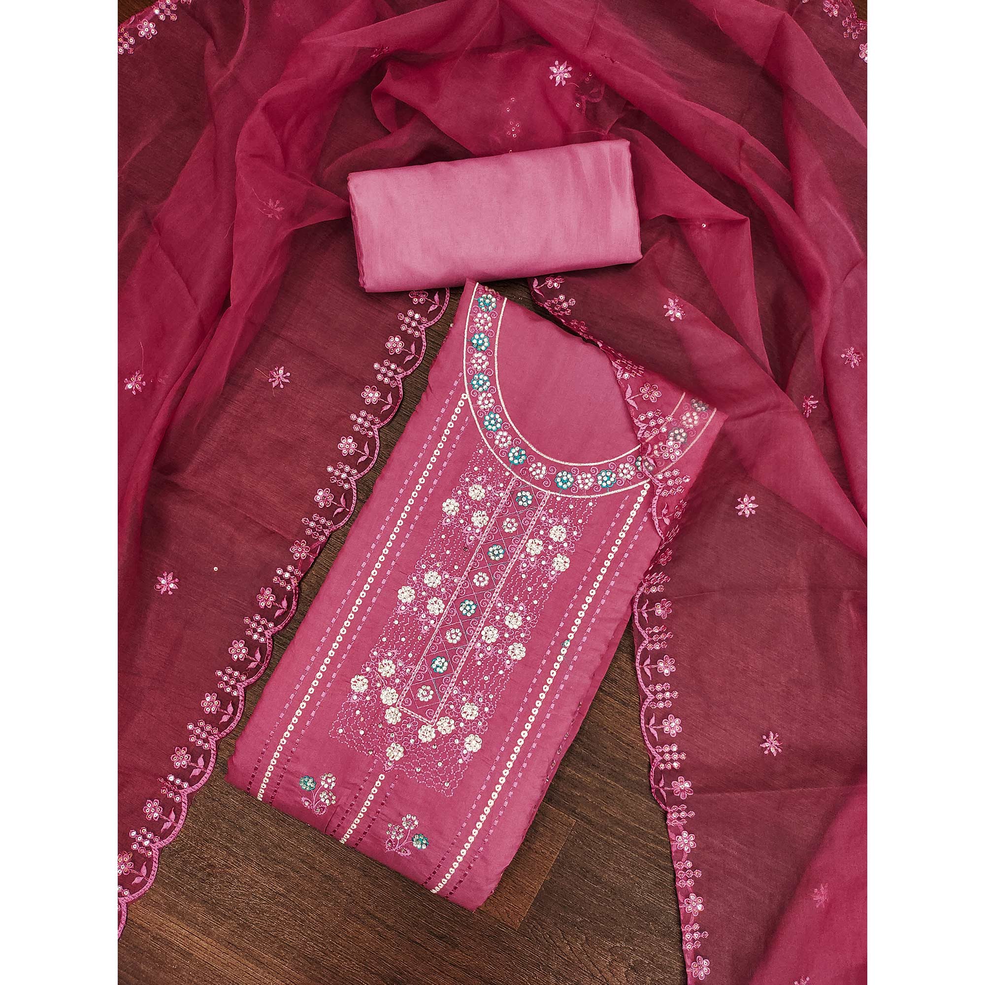 Pink Floral Embroidery With Stonework Roman Cotton Silk Dress Material