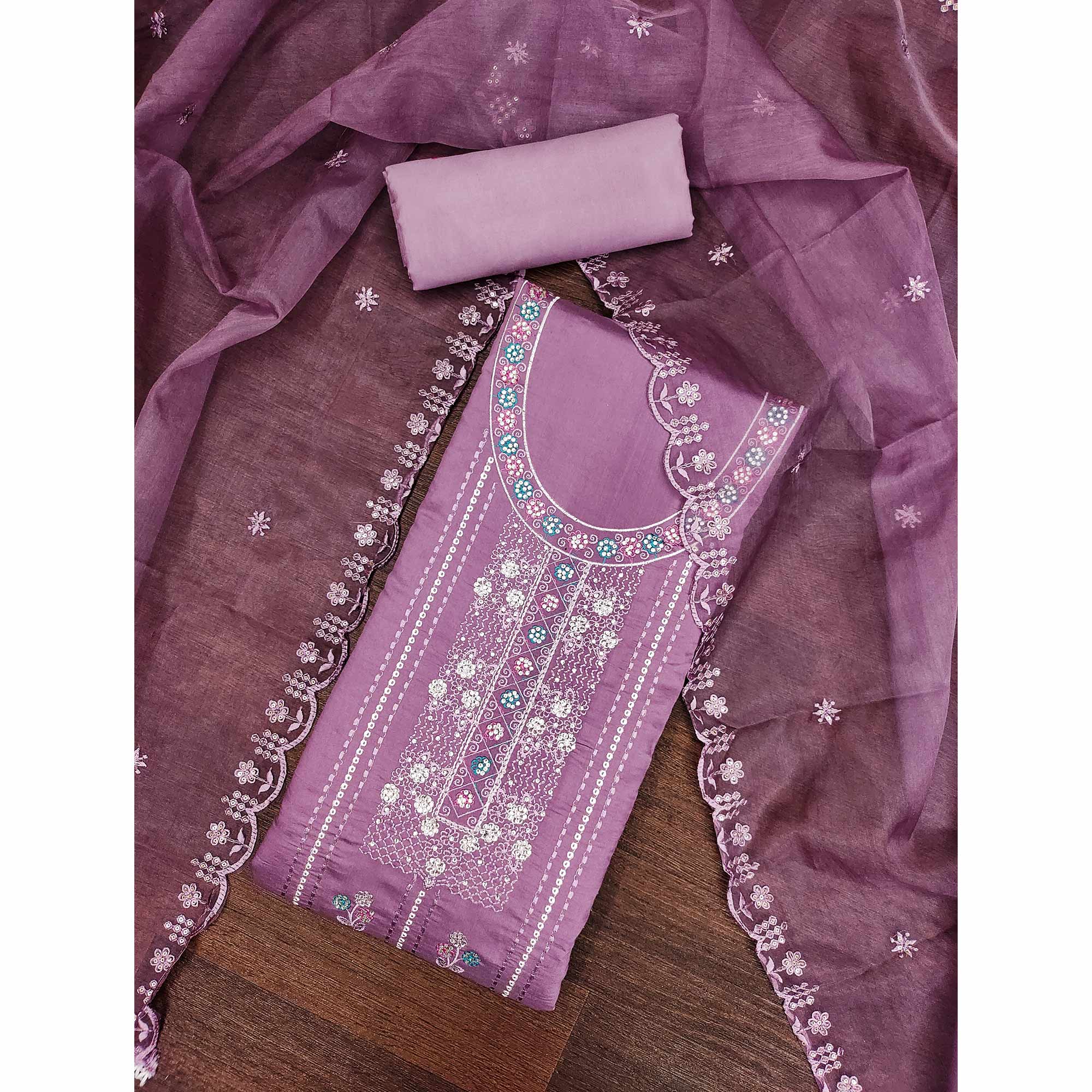 Purple Floral Embroidery With Stonework Roman Cotton Silk Dress Material