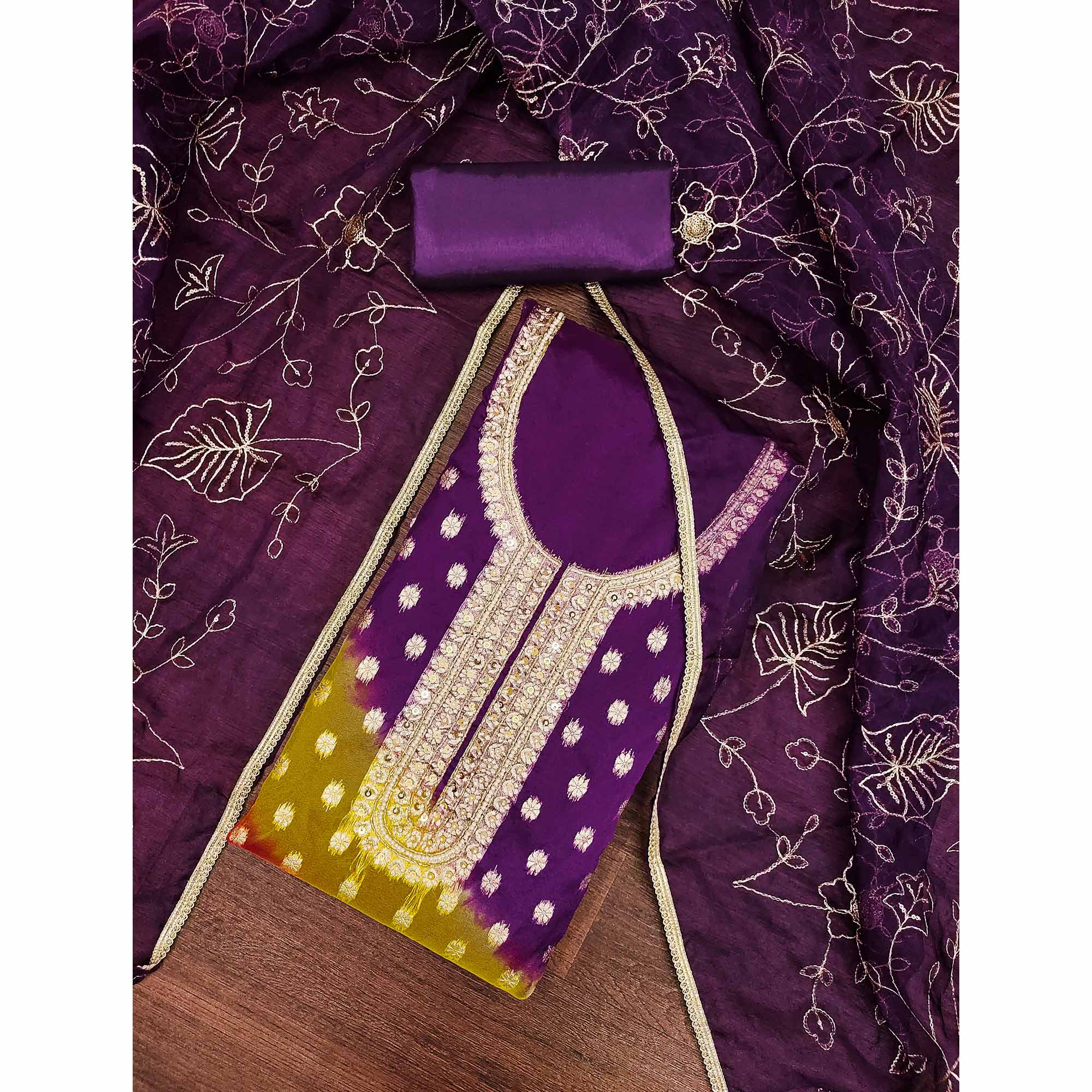 Purple Floral Woven With Handwork Organza Banarasi Dress Material