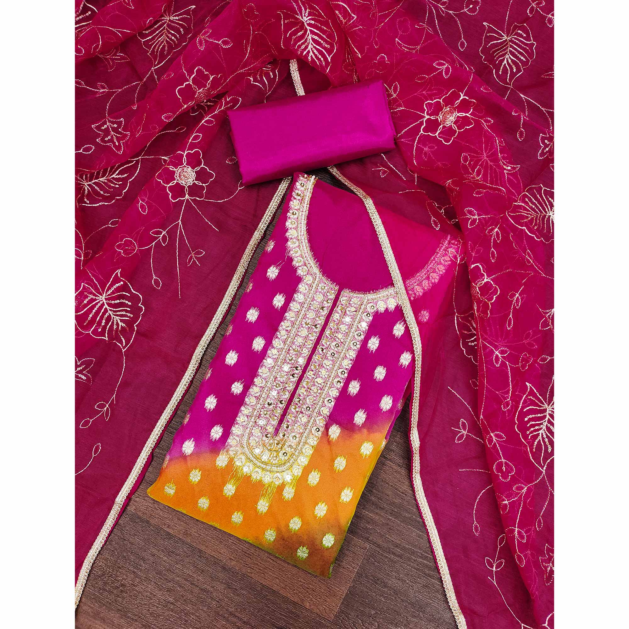 Rani Pink Floral Woven With Handwork Organza Banarasi Dress Material