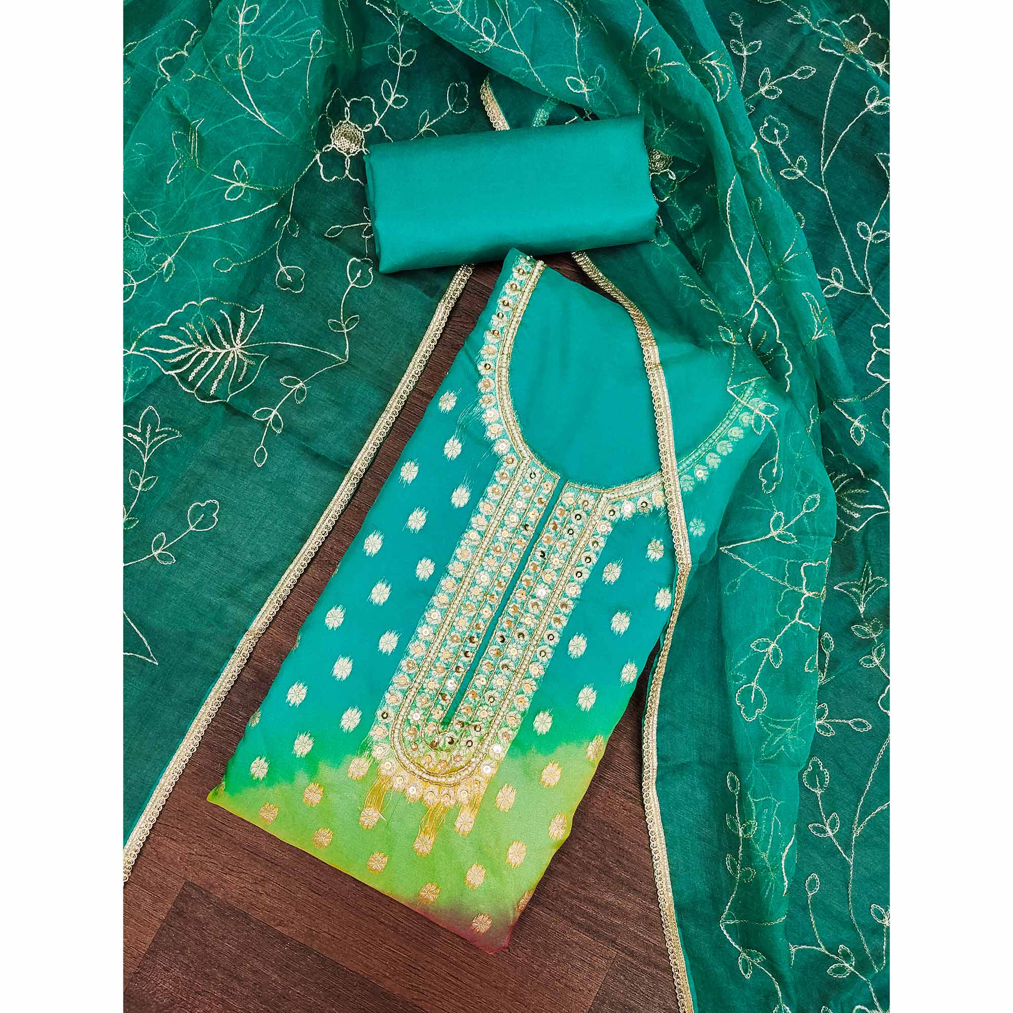 Rama Green Floral Woven With Handwork Organza Banarasi Dress Material