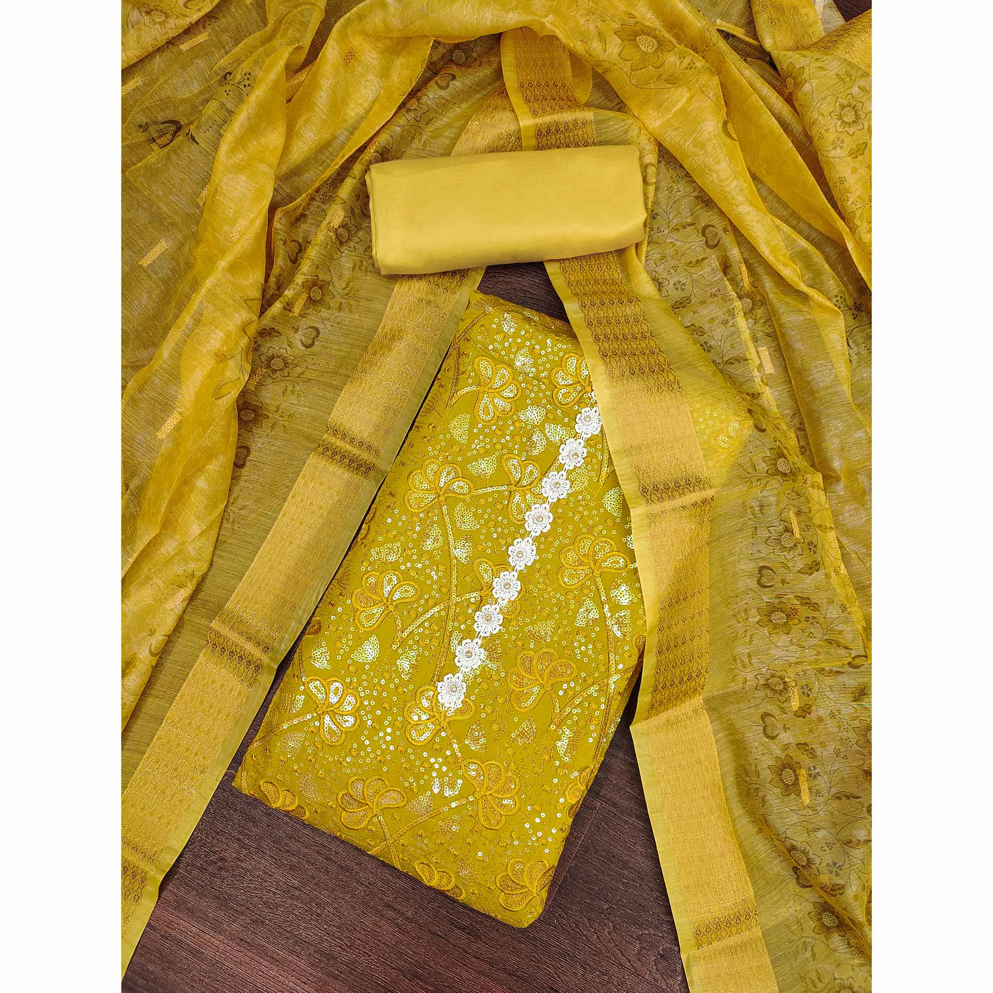 Mustard Floral Sequins Embroidery Cotton Roman Silk Dress Material