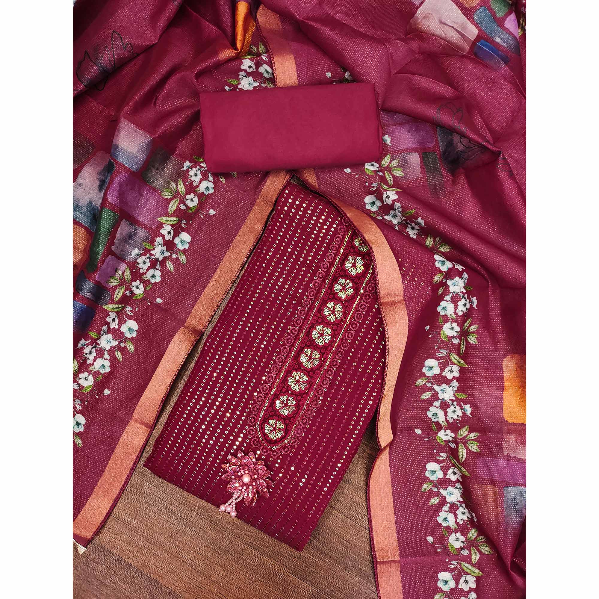 Maroon Floral Sequins Embroidery Cotton Roman Silk Dress Material