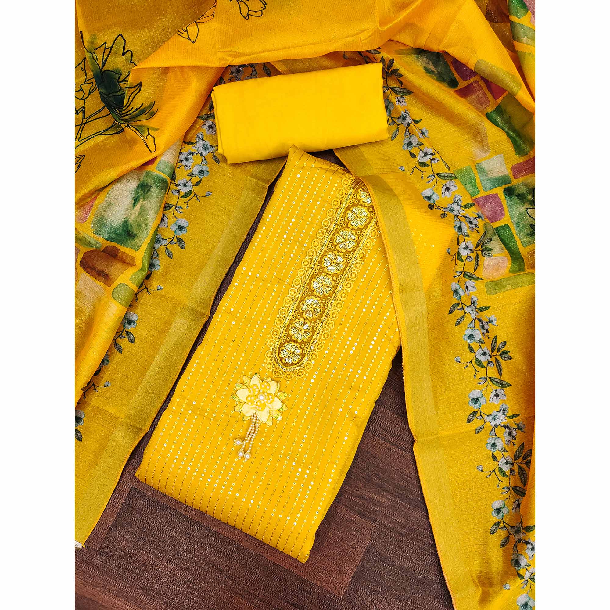 Yellow Floral Sequins Embroidery Cotton Roman Silk Dress Material