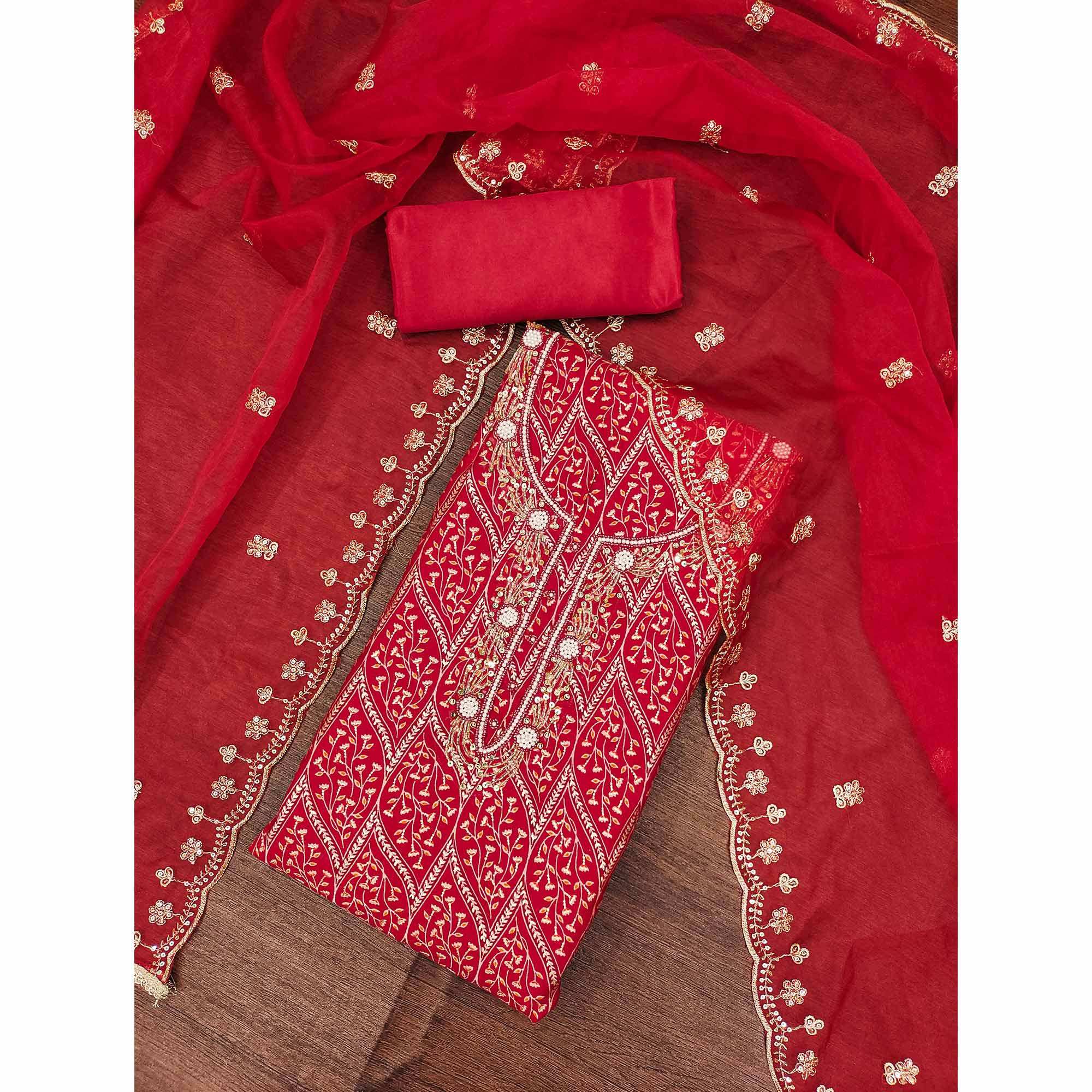 Red Foil Printed With Handwork Cotton Roman Silk Dress Material