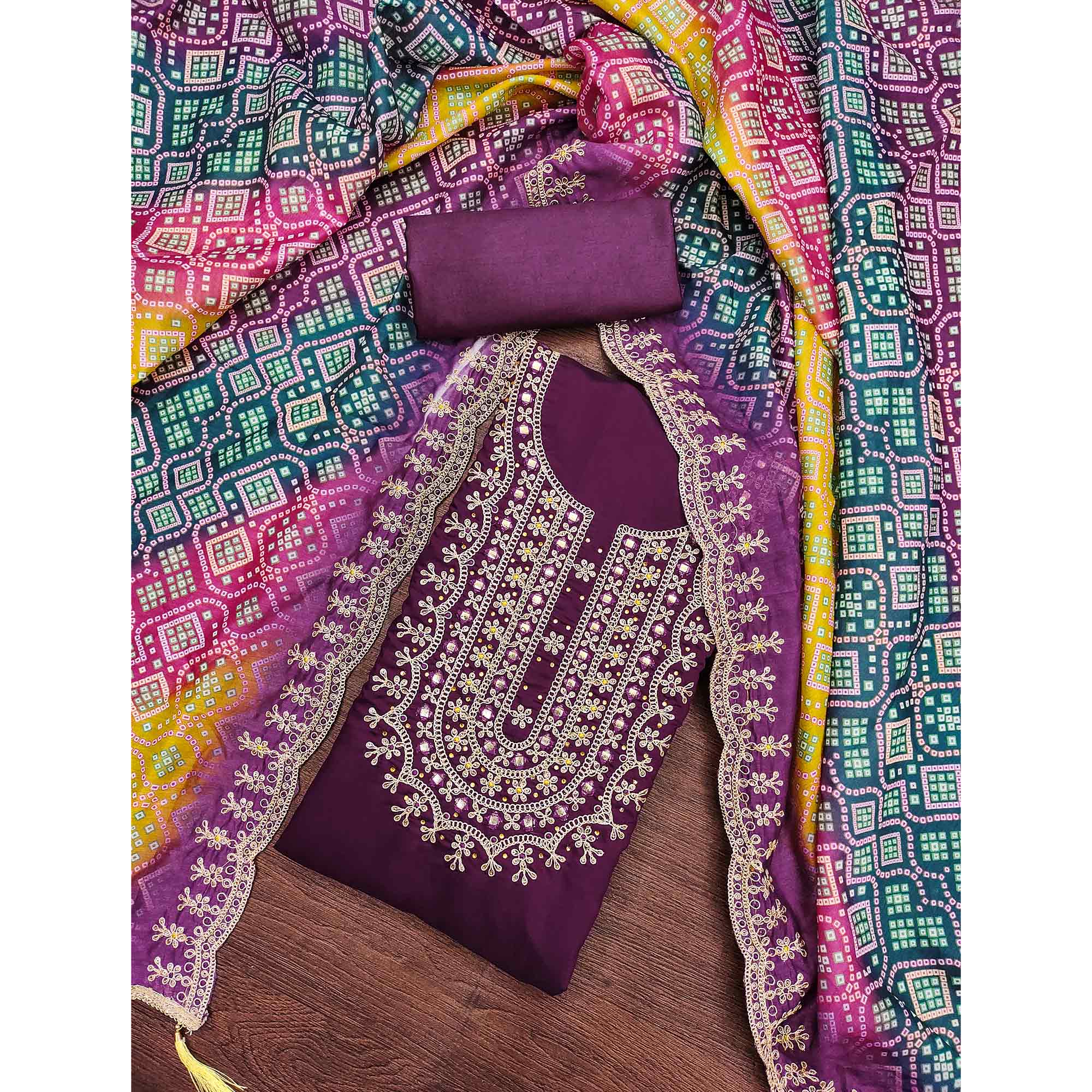 Wine Floral Embroidery With Stonework Roman Cotton Silk Dress Material