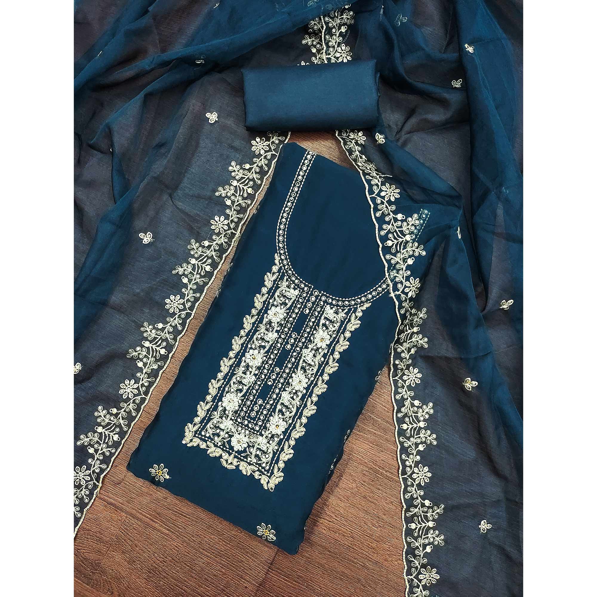 Morpich Floral Handwork Embroidery Viscose Organza Dress Material