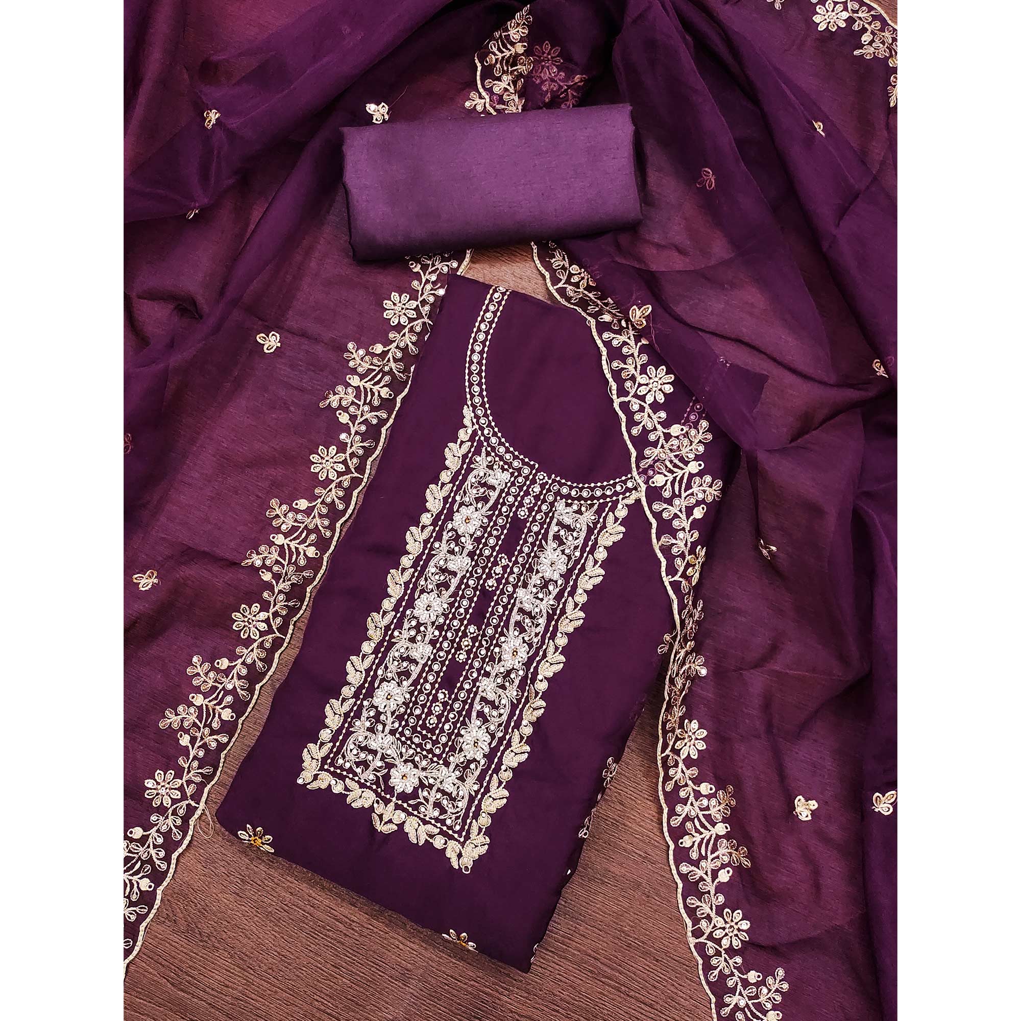 Wine Floral Handwork Embroidery Viscose Organza Dress Material