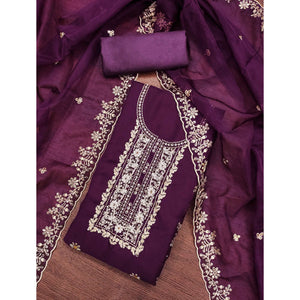 Wine Floral Handwork Embroidery Viscose Organza Dress Material