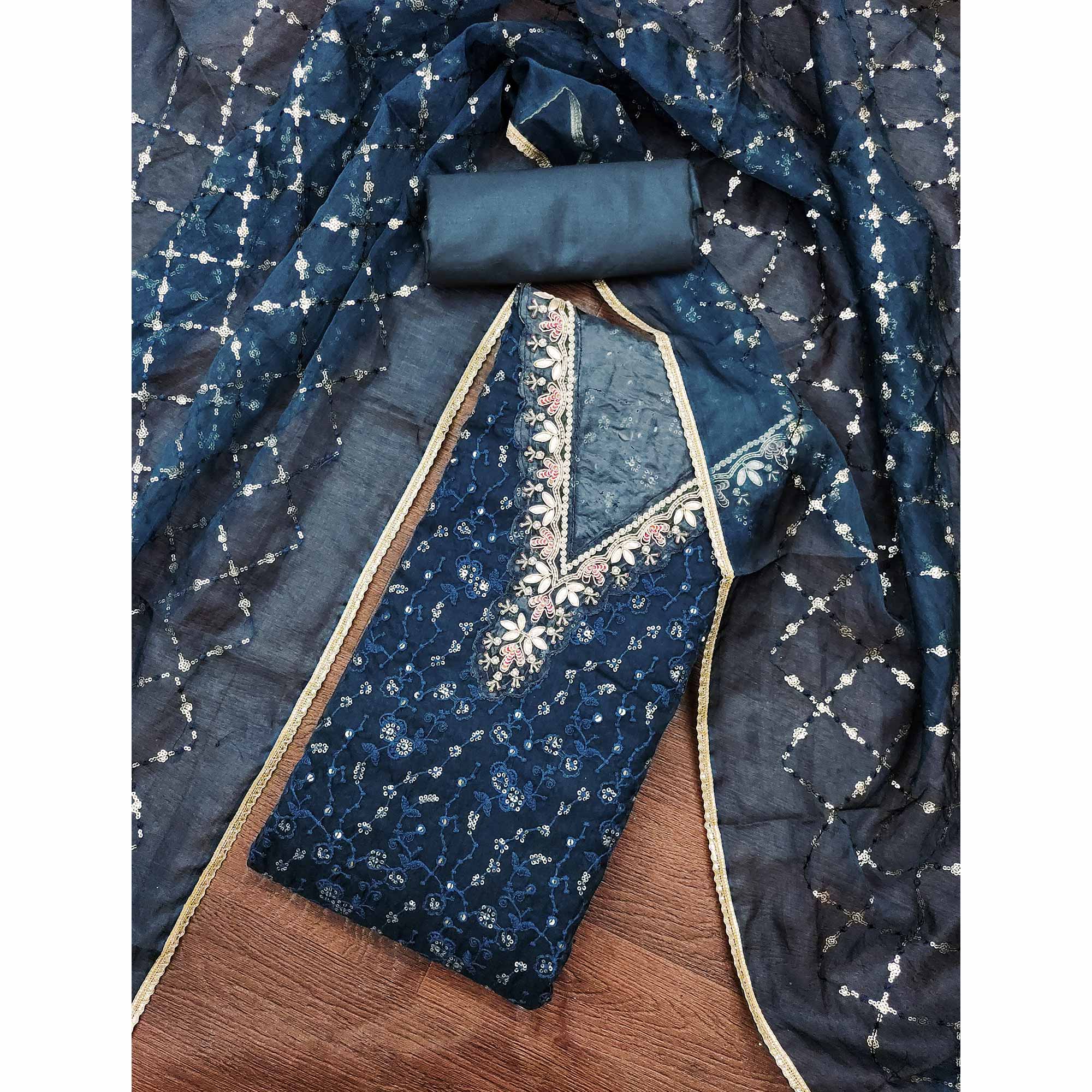 Blue Floral Sequins Embroidery With Handwork Organza Dress Material