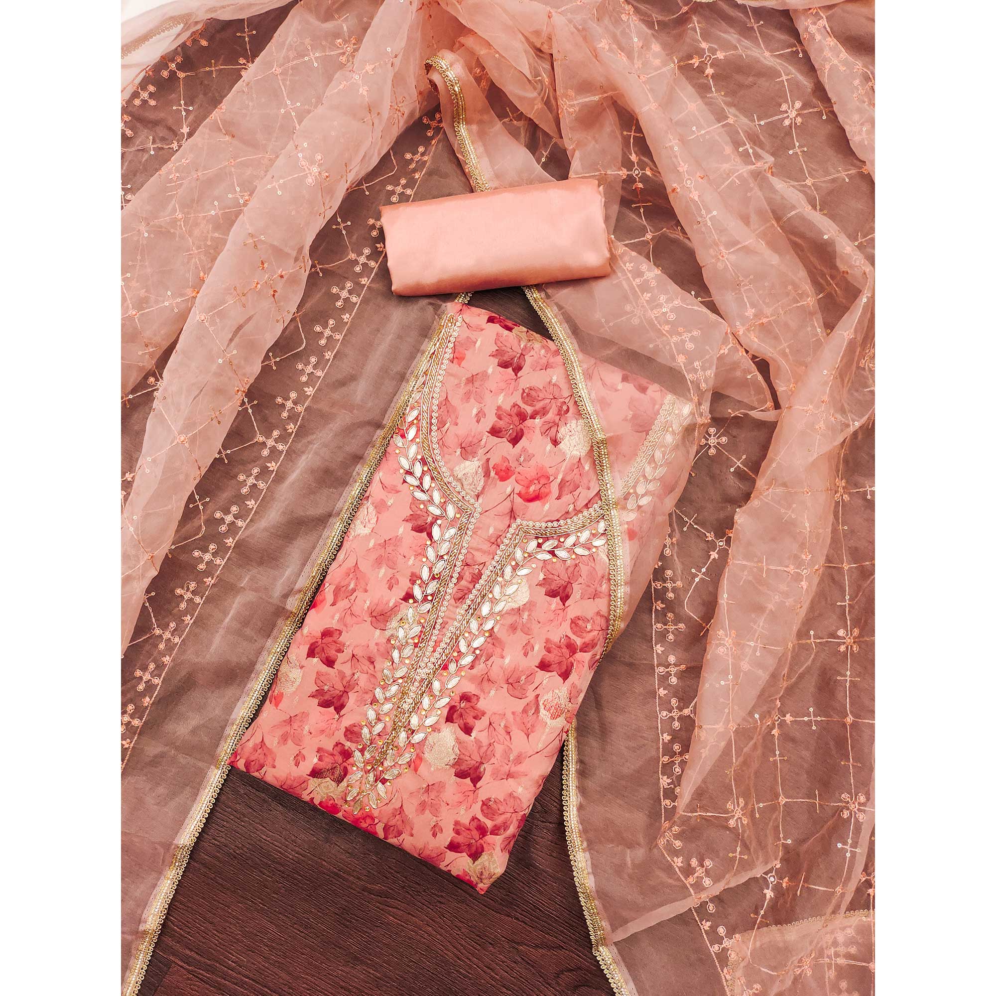 Peach Floral Woven With Handwork Viscose Banarasi Dress Material