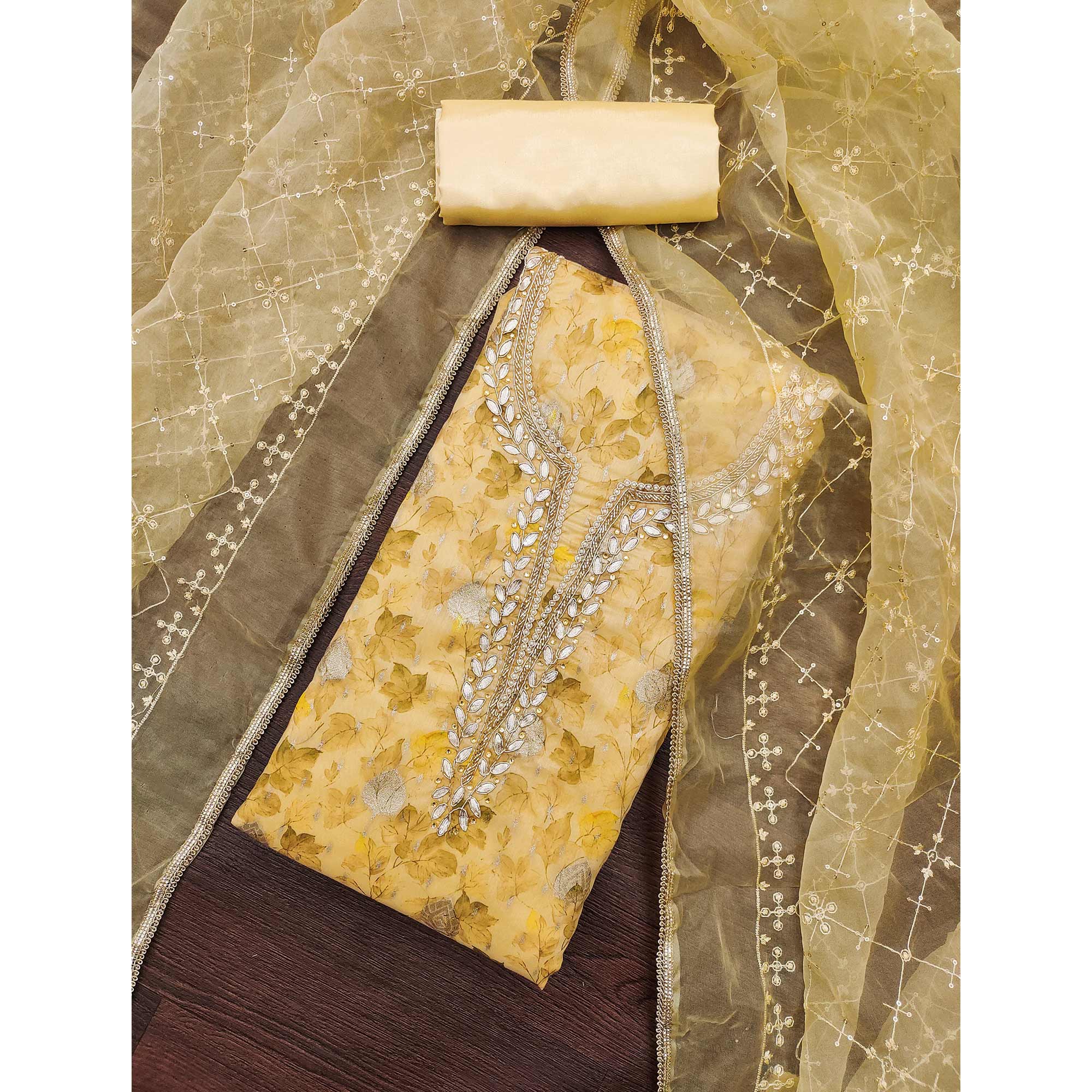 Yellow Floral Woven With Handwork Viscose Banarasi Dress Material