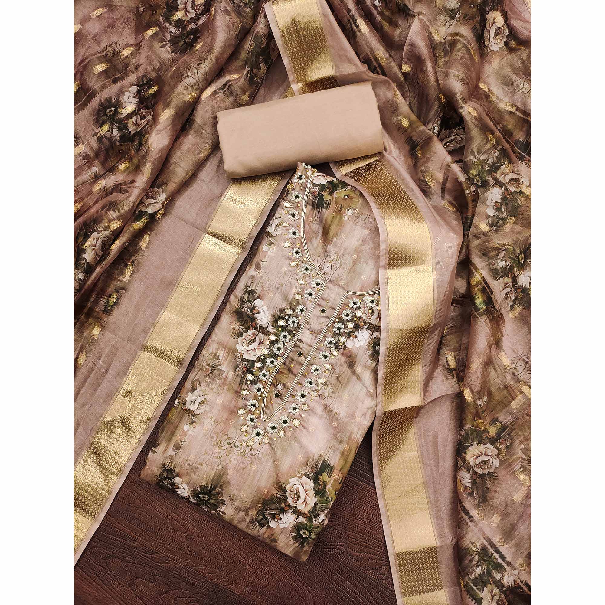 Brown Floral Printed With Handwork Muslin Dress Material