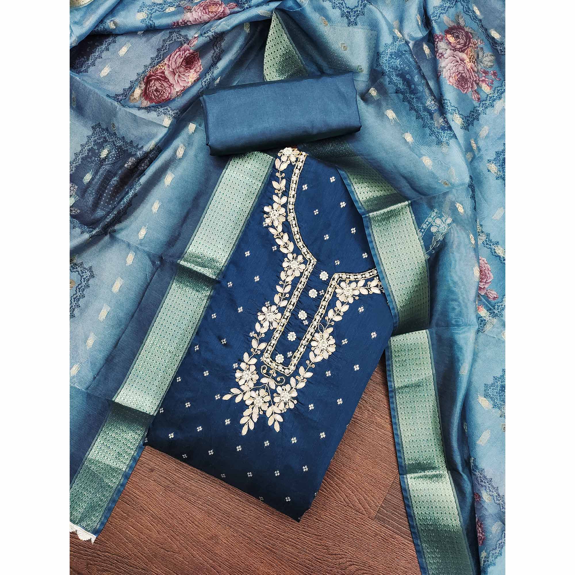 Blue Floral Moti With Gota Patti Handwork Banaarasi Silk Dress Material