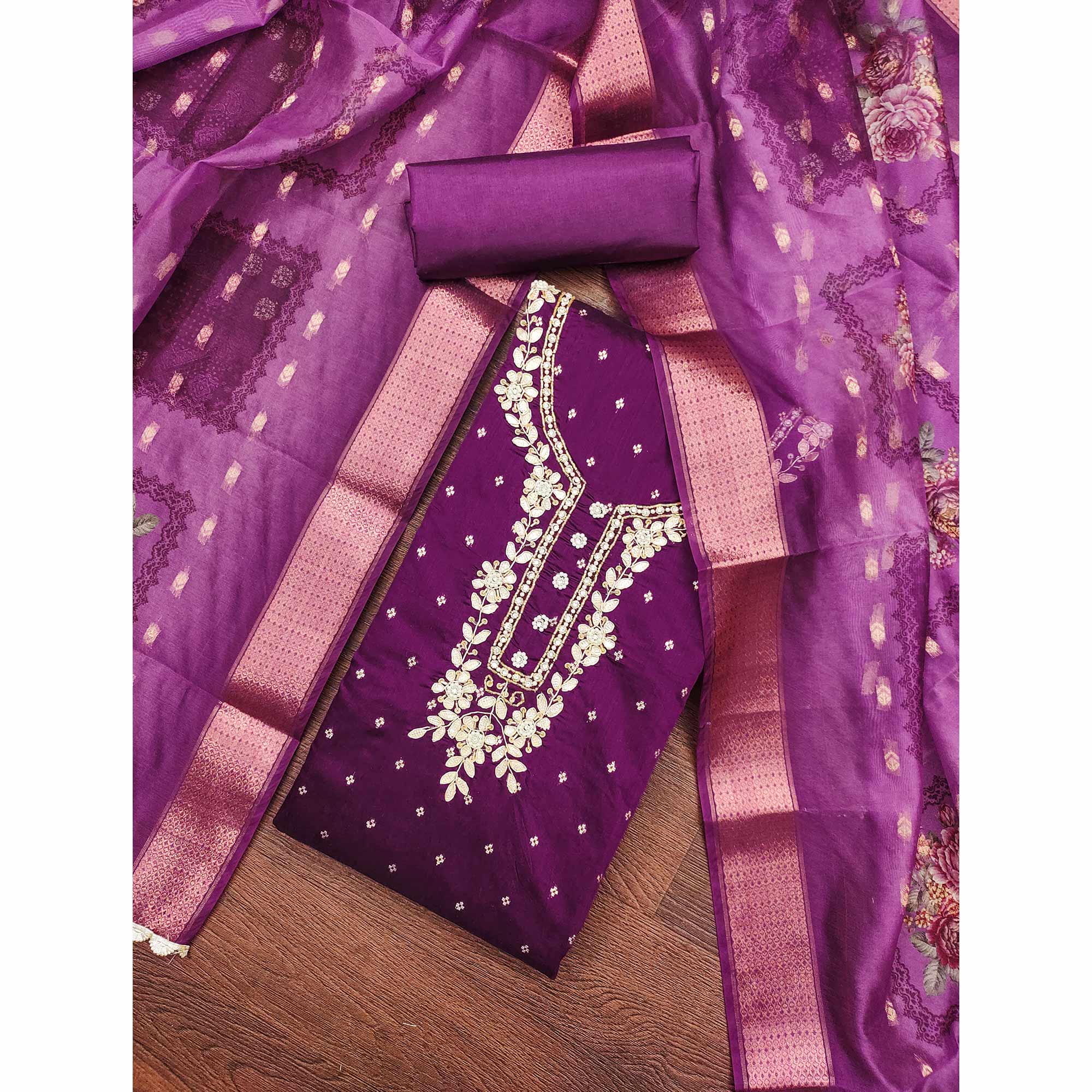 Purple Floral Moti With Gota Patti Handwork Banaarasi Silk Dress Material