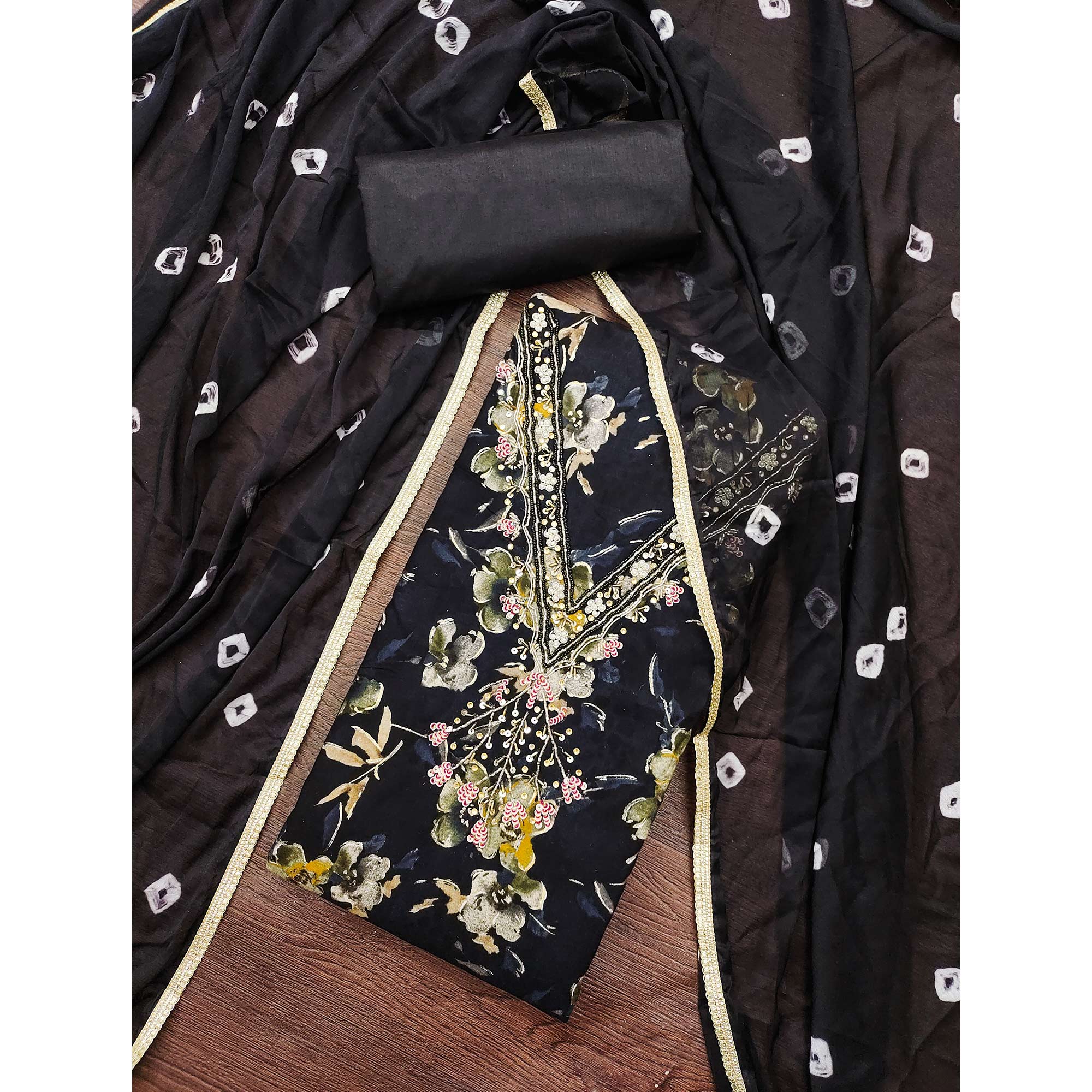 Black Floral Printed With Handwork Pure Cotton Dress Material