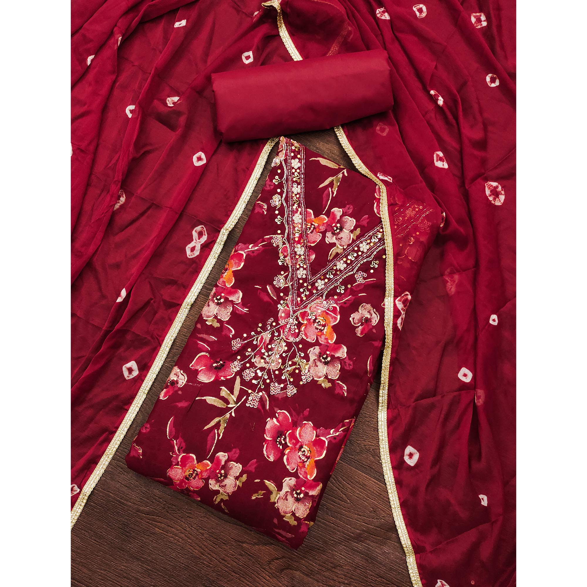 Dark Red Floral Printed With Handwork Pure Cotton Dress Material