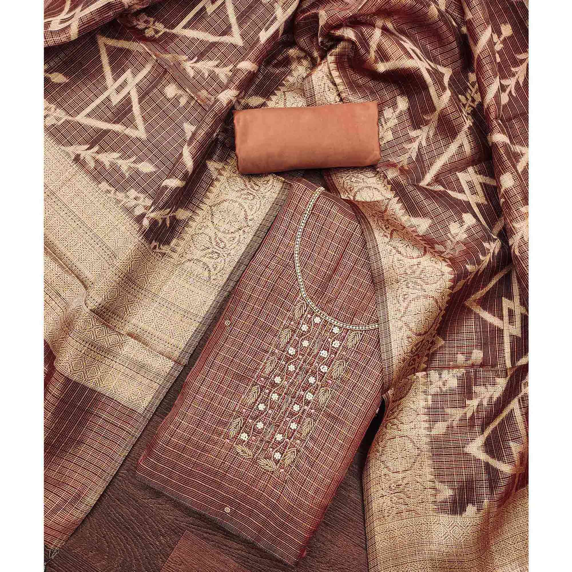 Brown Floral Handwork With Woven Viscose Dress Material