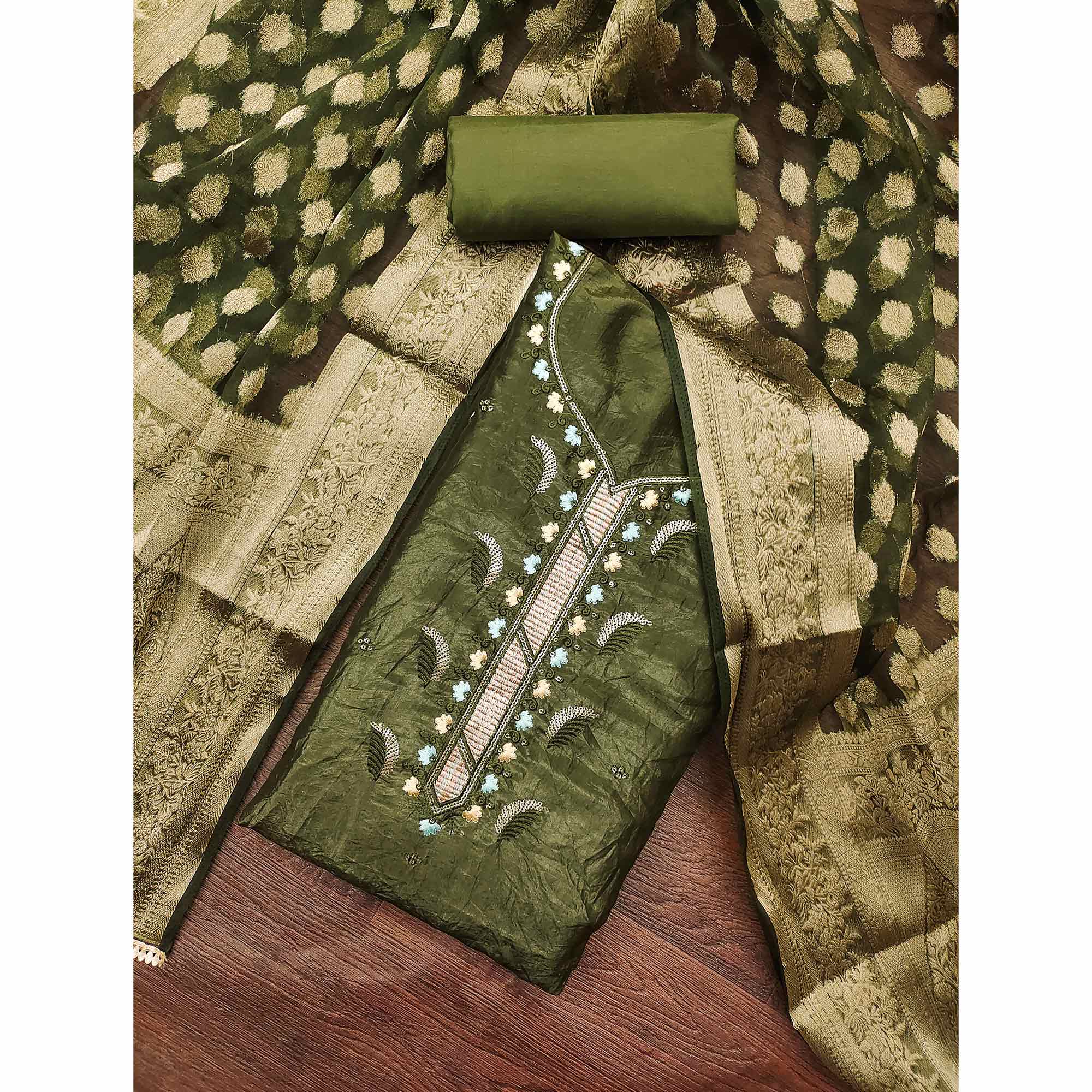 Green Floral Sequins Embroidered Viscose Dress Material