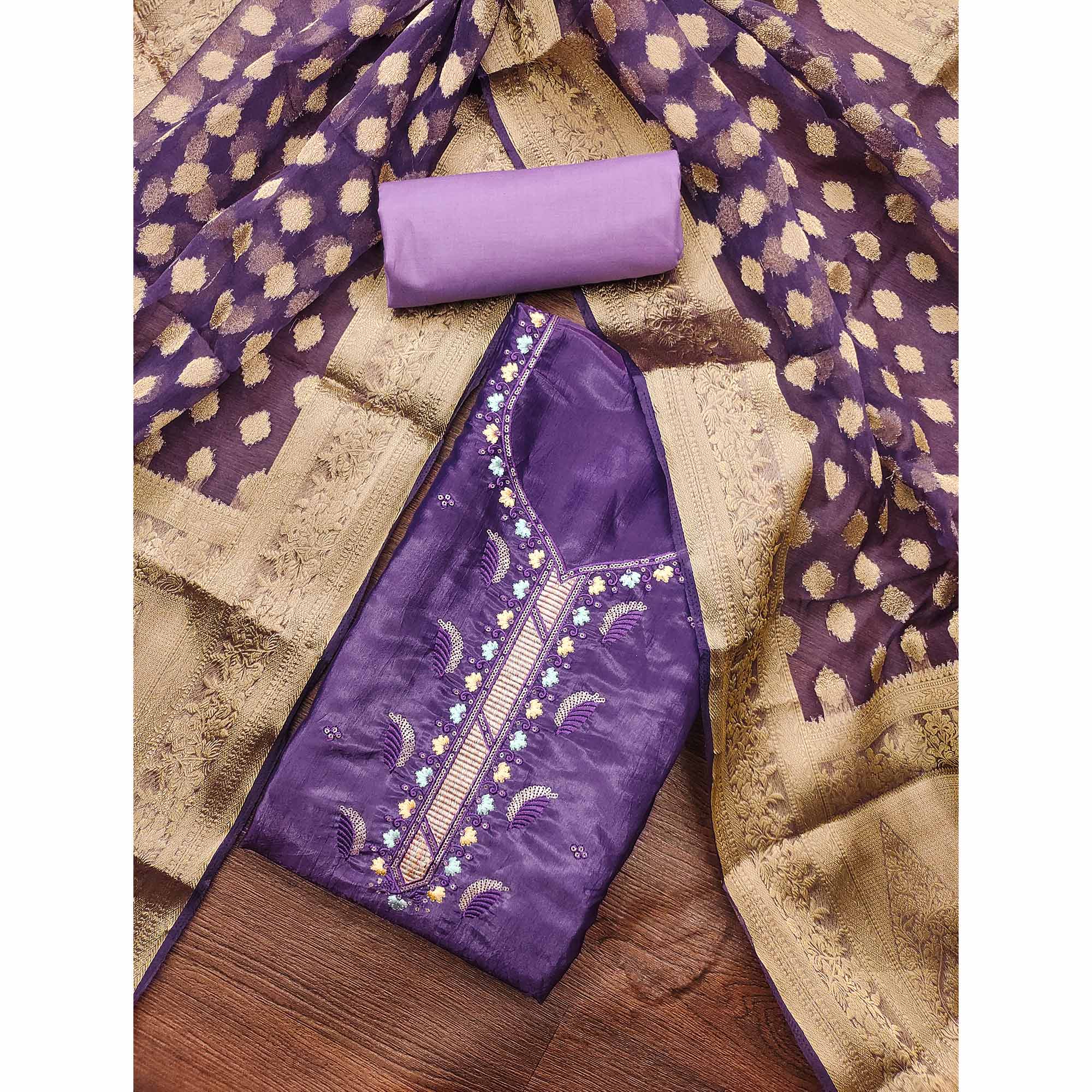 Violet Floral Sequins Embroidered Viscose Dress Material