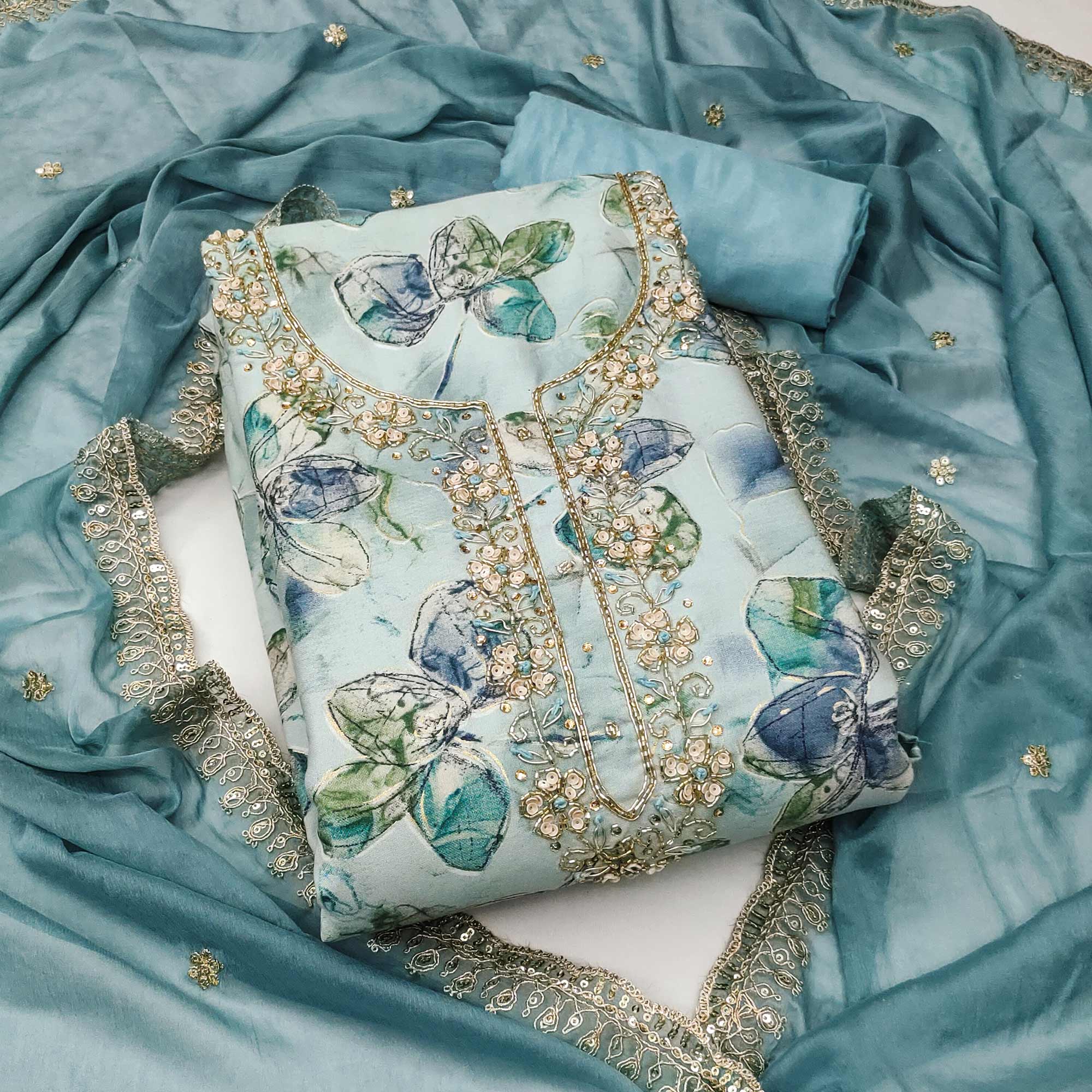 Blue Floral Printed With Handwork Pure Cotton Dress Material