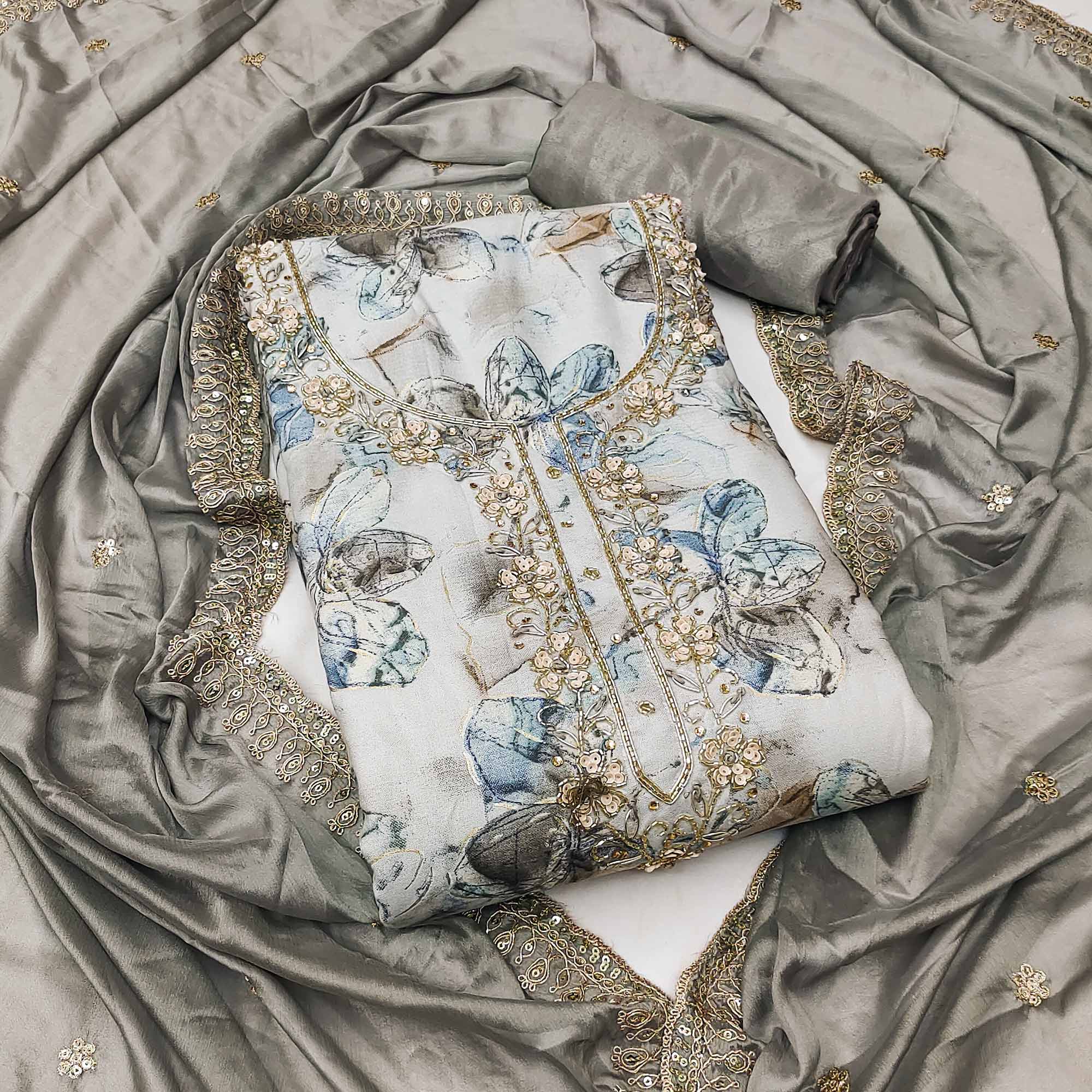 4Grey Floral Printed With Handwork Pure Cotton Dress Material