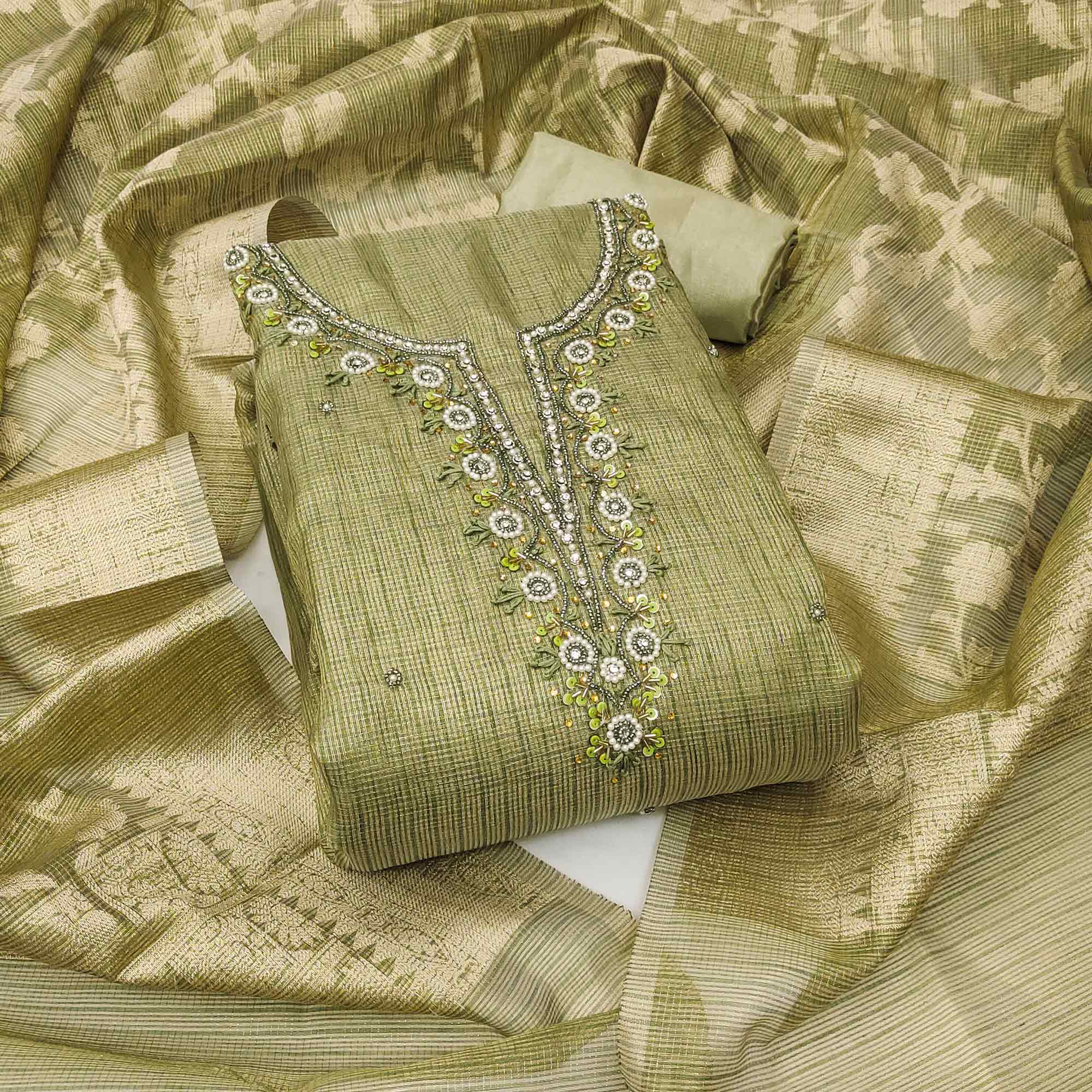 Green Woven With Moti Handwork Viscose Dress Material