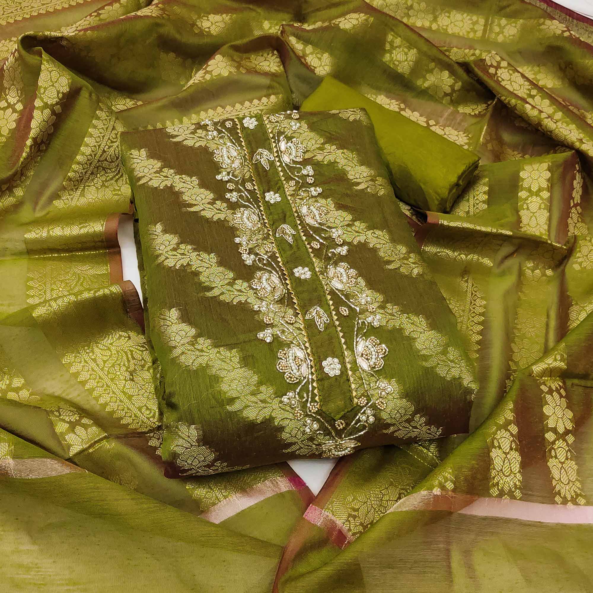 Green Floral Woven With Handwork Banarasi Silk Dress Material