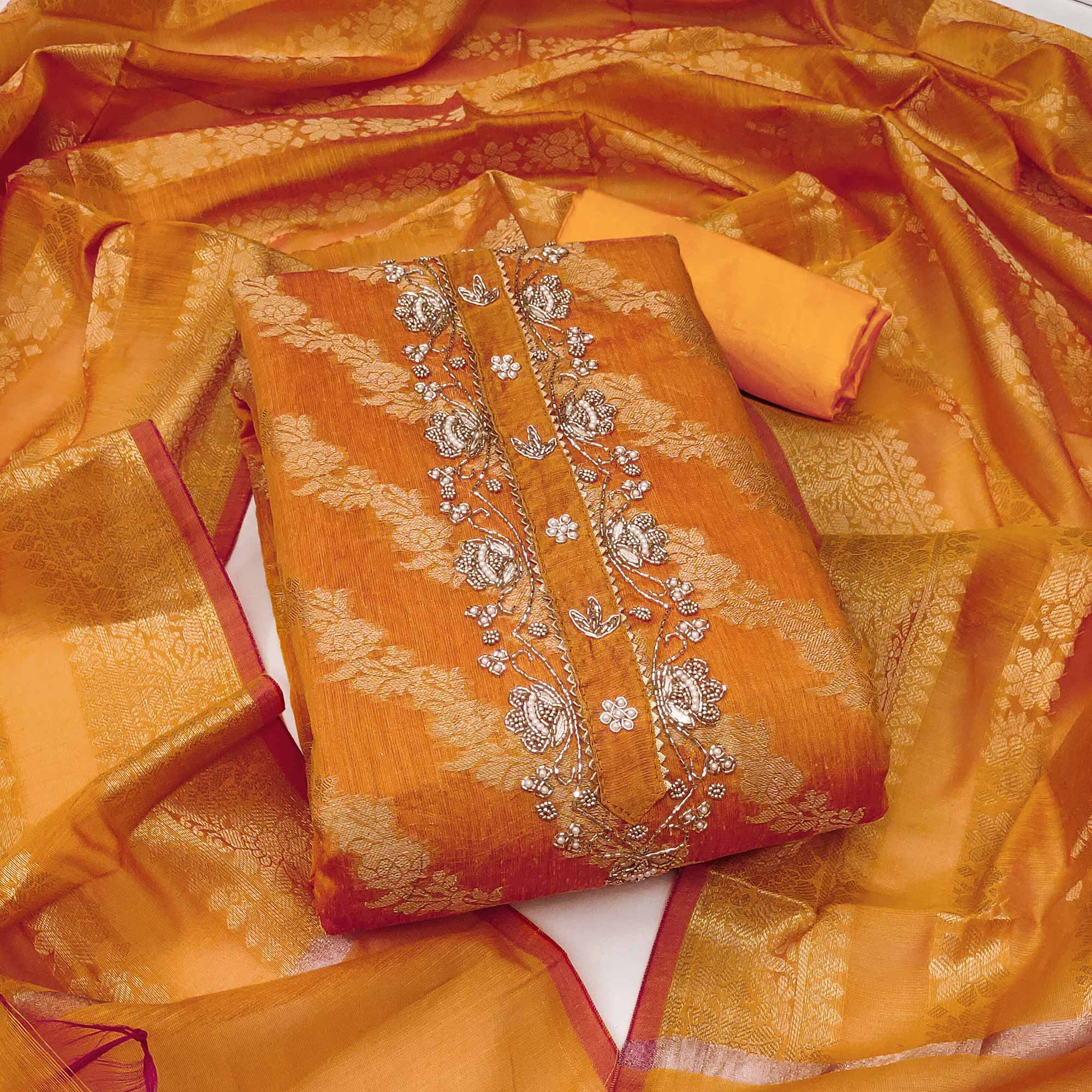 Orange  Floral Woven With Handwork Banarasi Silk Dress Material