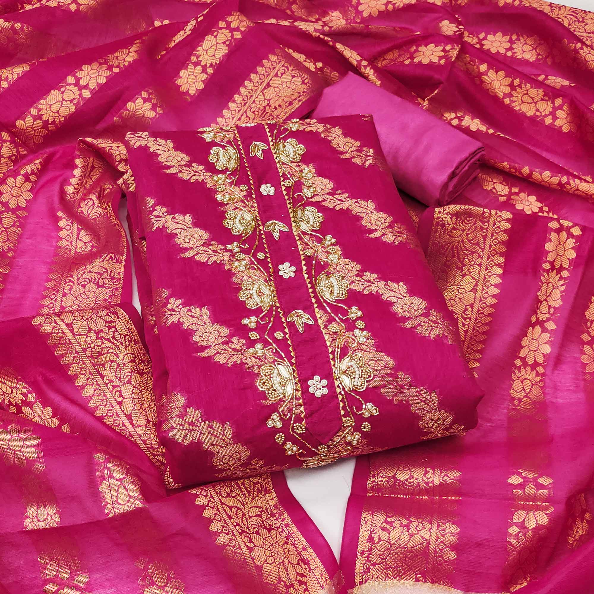 Rani Pink Floral Woven With Handwork Banarasi Silk Dress Material