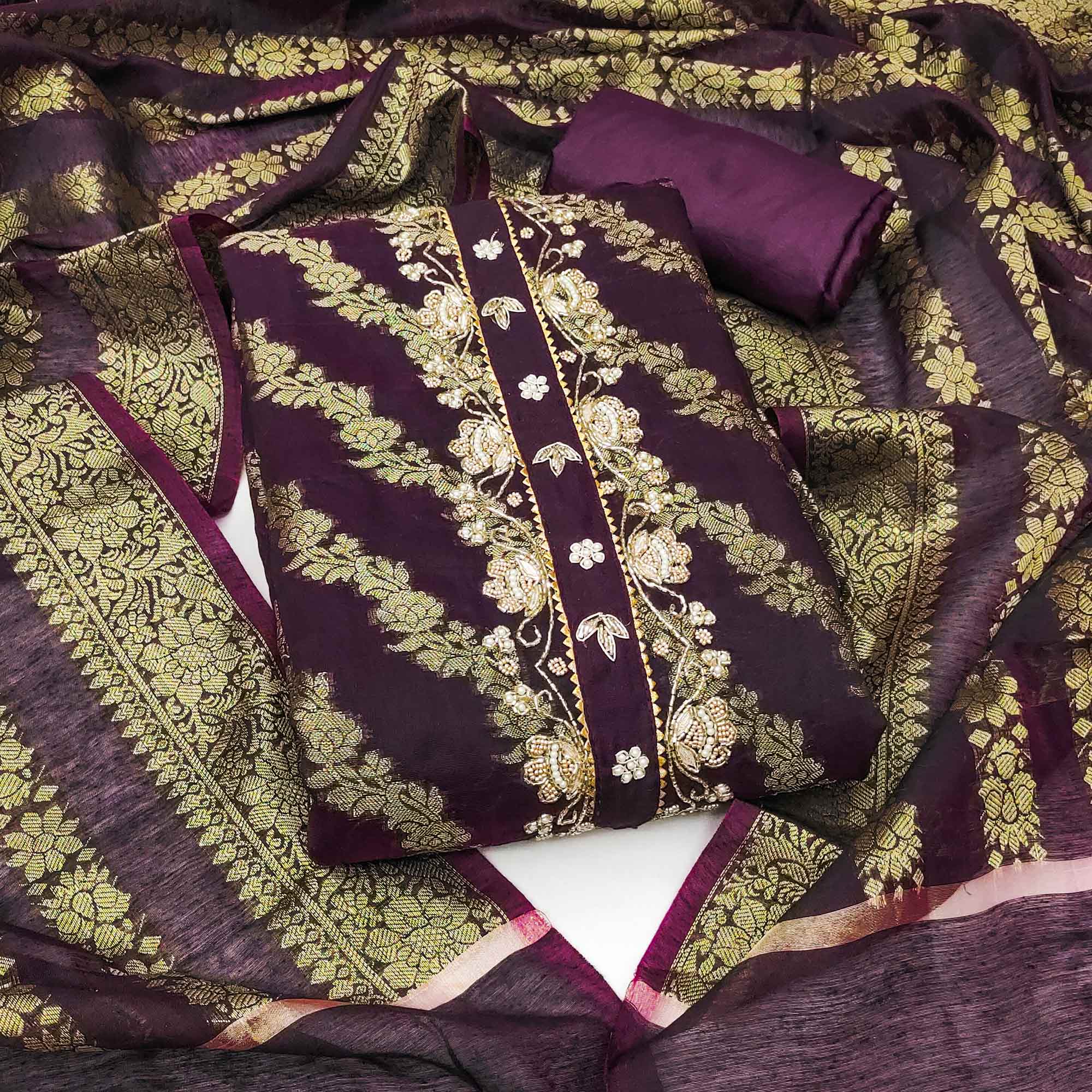 Wine Floral Woven With Handwork Banarasi Silk Dress Material