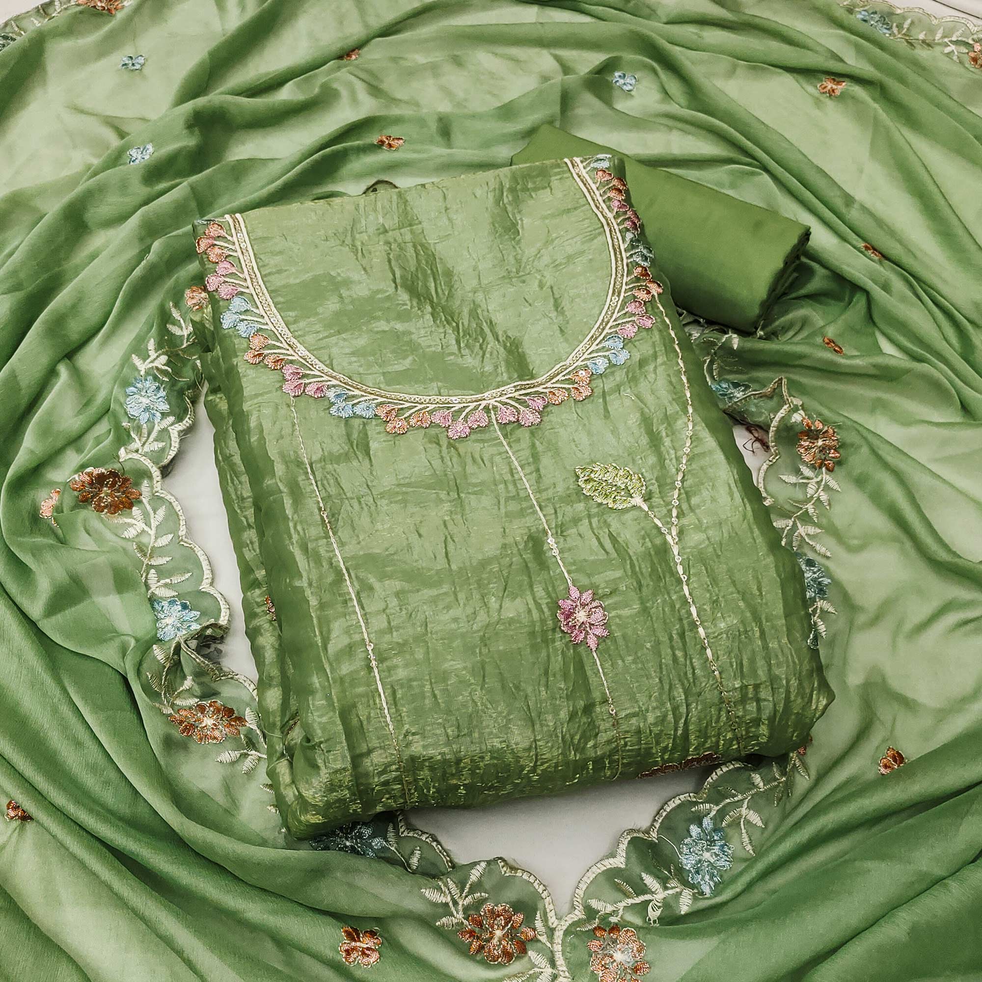 Green Floral Sequins Embroidered Viscose Golden Crush Dress Material