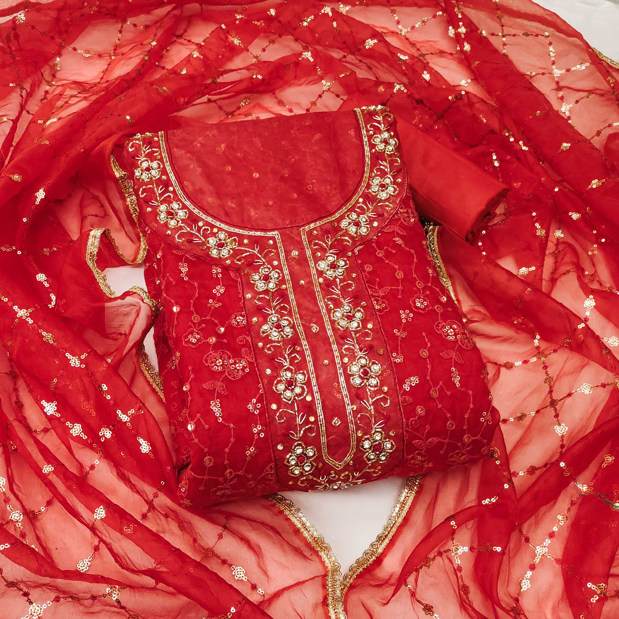 Red Floral Sequins Embroidered With Handwork Organza Dress Material