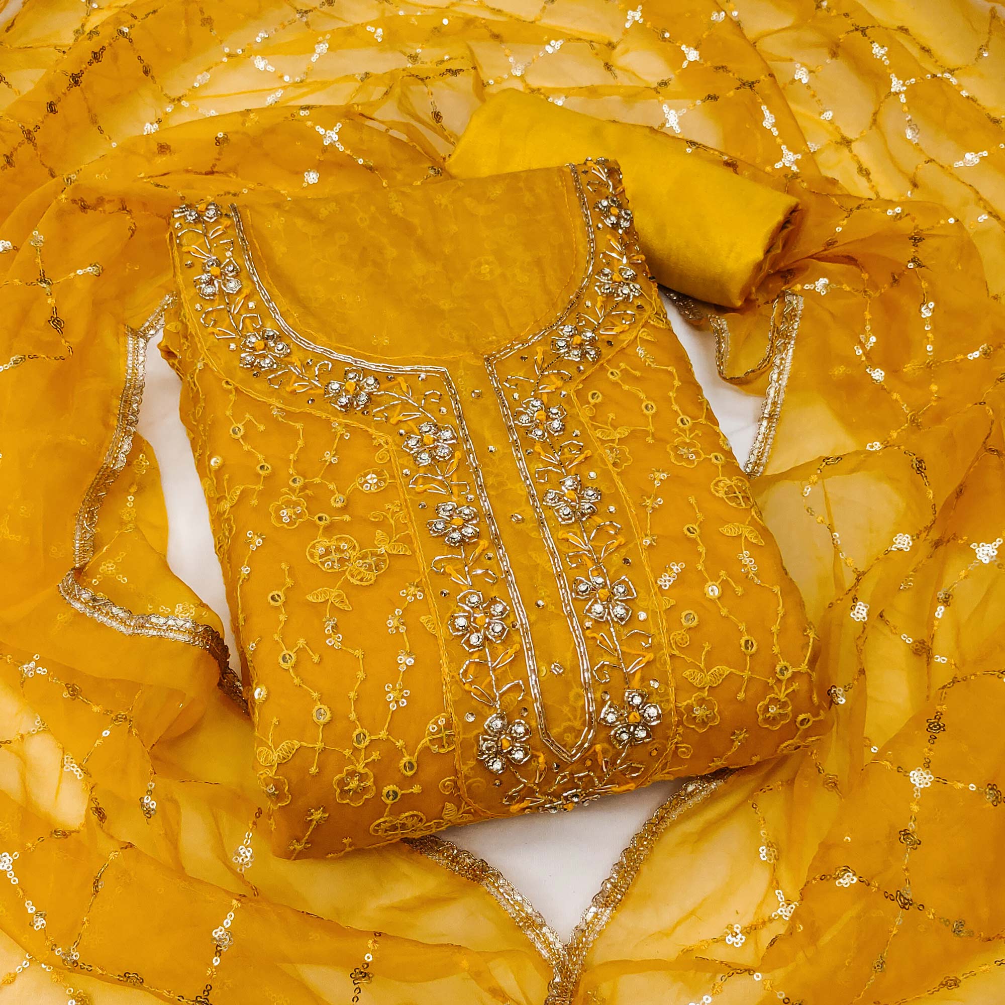 Yellow Floral Sequins Embroidered With Handwork Organza Dress Material