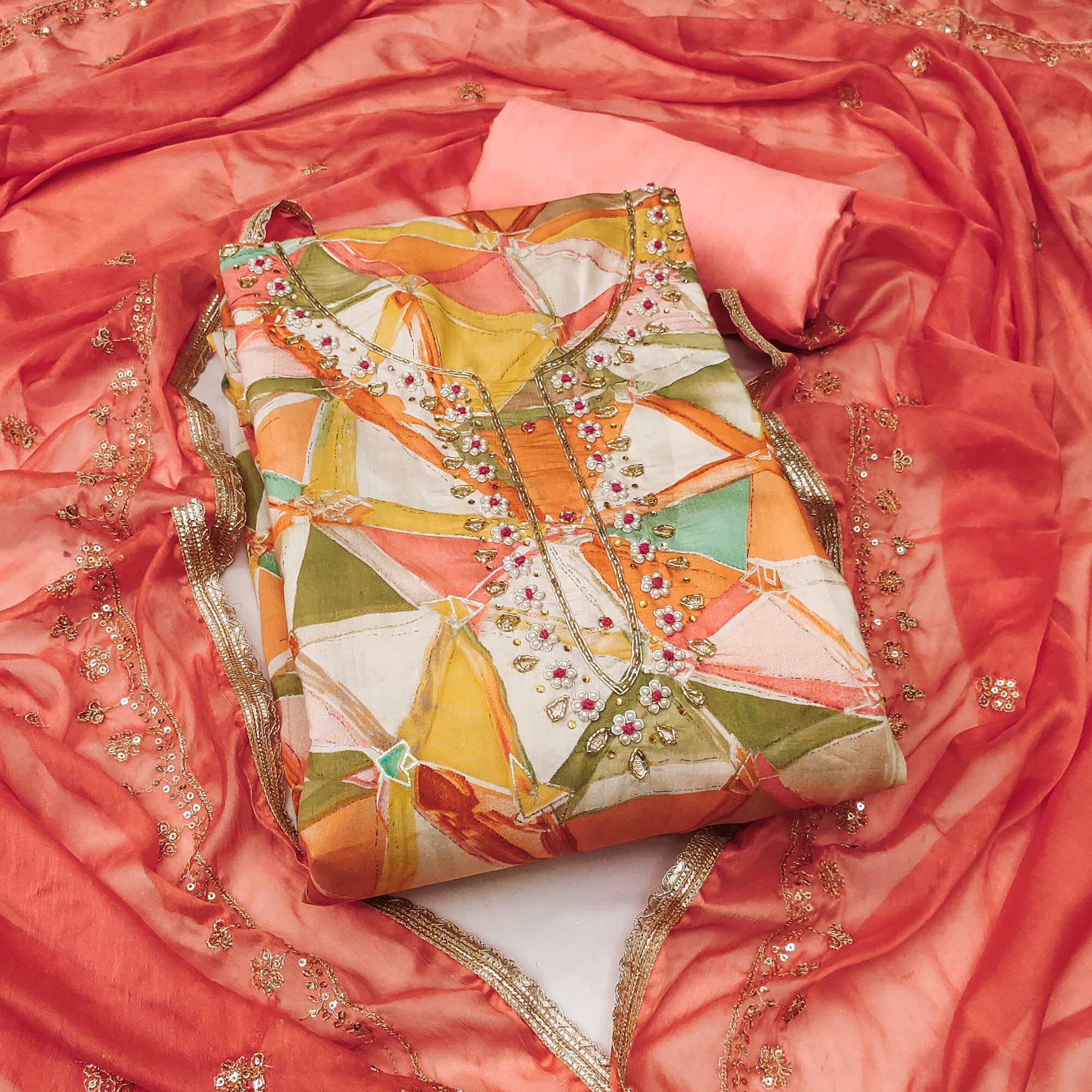Peach Geometric Digital Printed With Handwork Roman Cotton Silk Dress Material