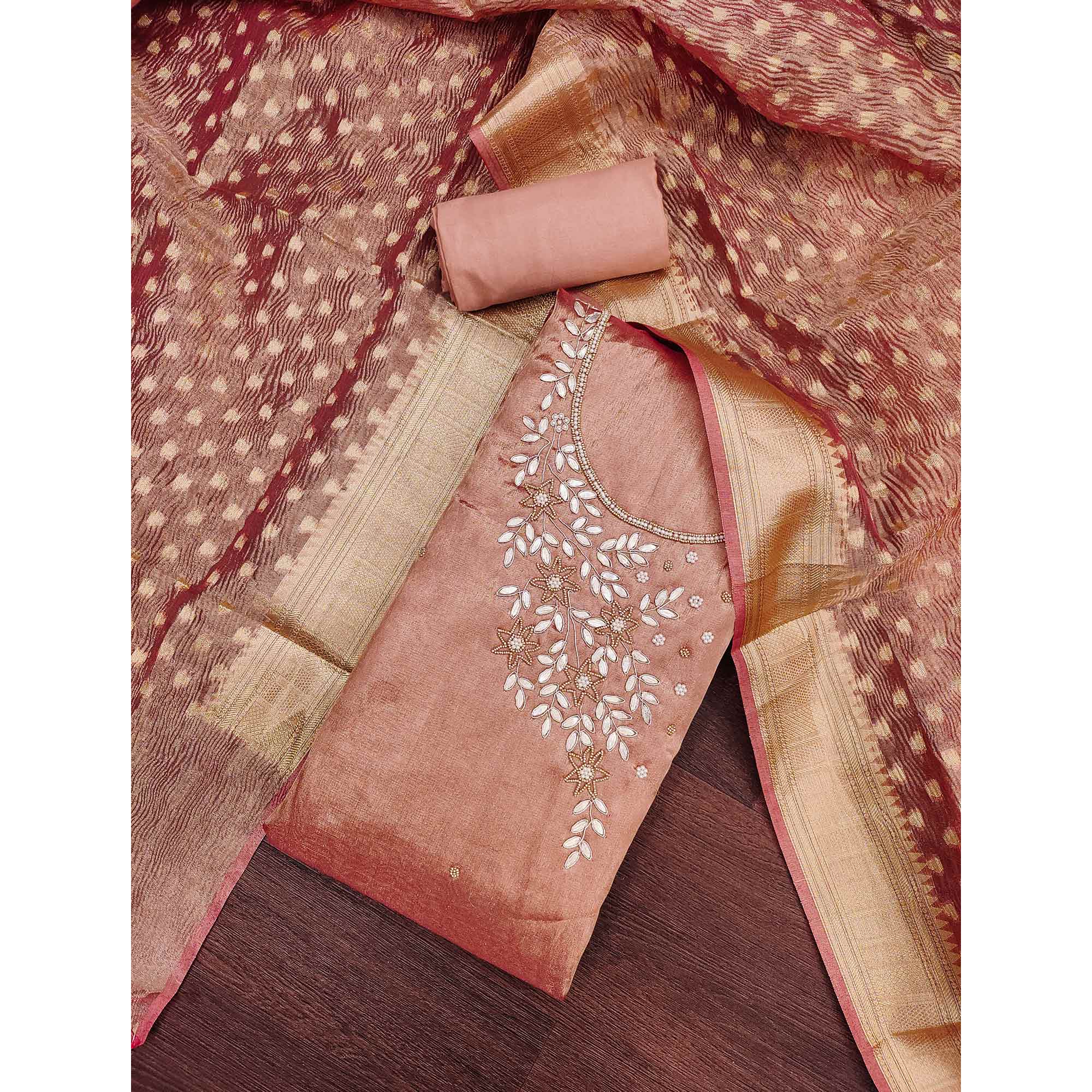 Peach Floral Moti & Gota Patti Handwork Viscose Dress Material