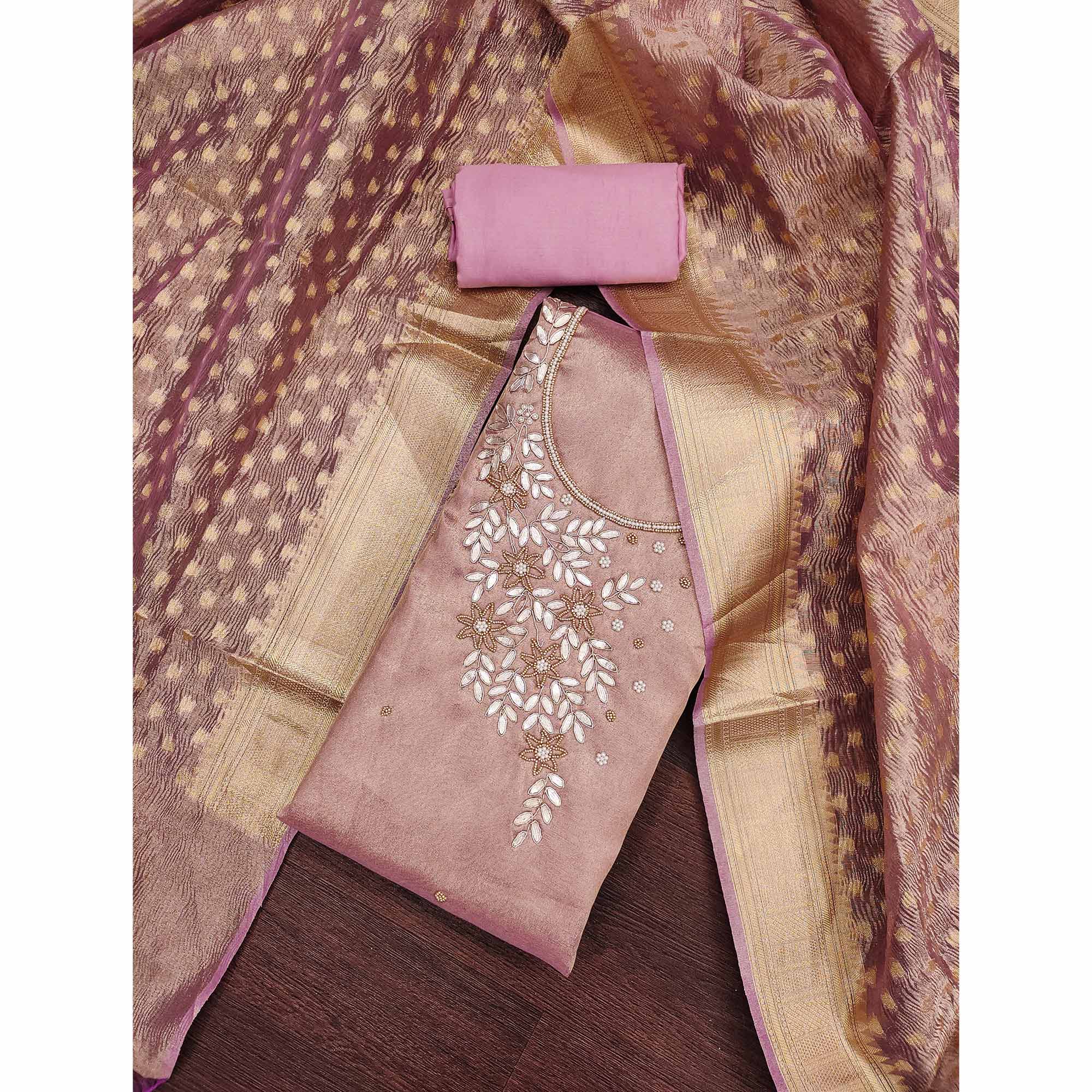 Purple Floral Moti & Gota Patti Handwork Viscose Dress Material