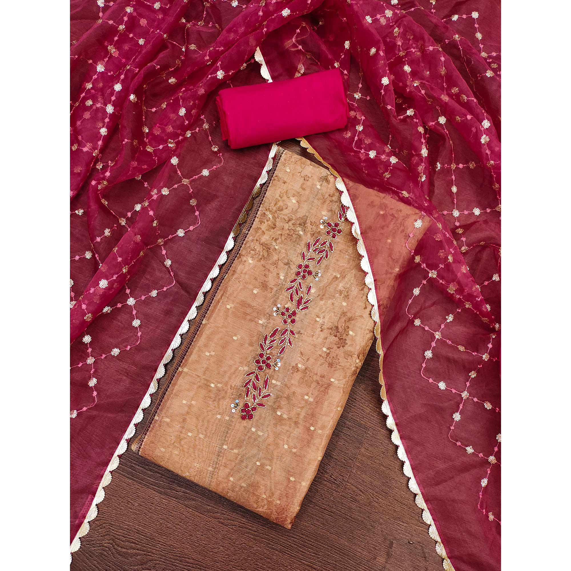 Brown Floral Printed With Handwork Shimmer Viscose Dress Material