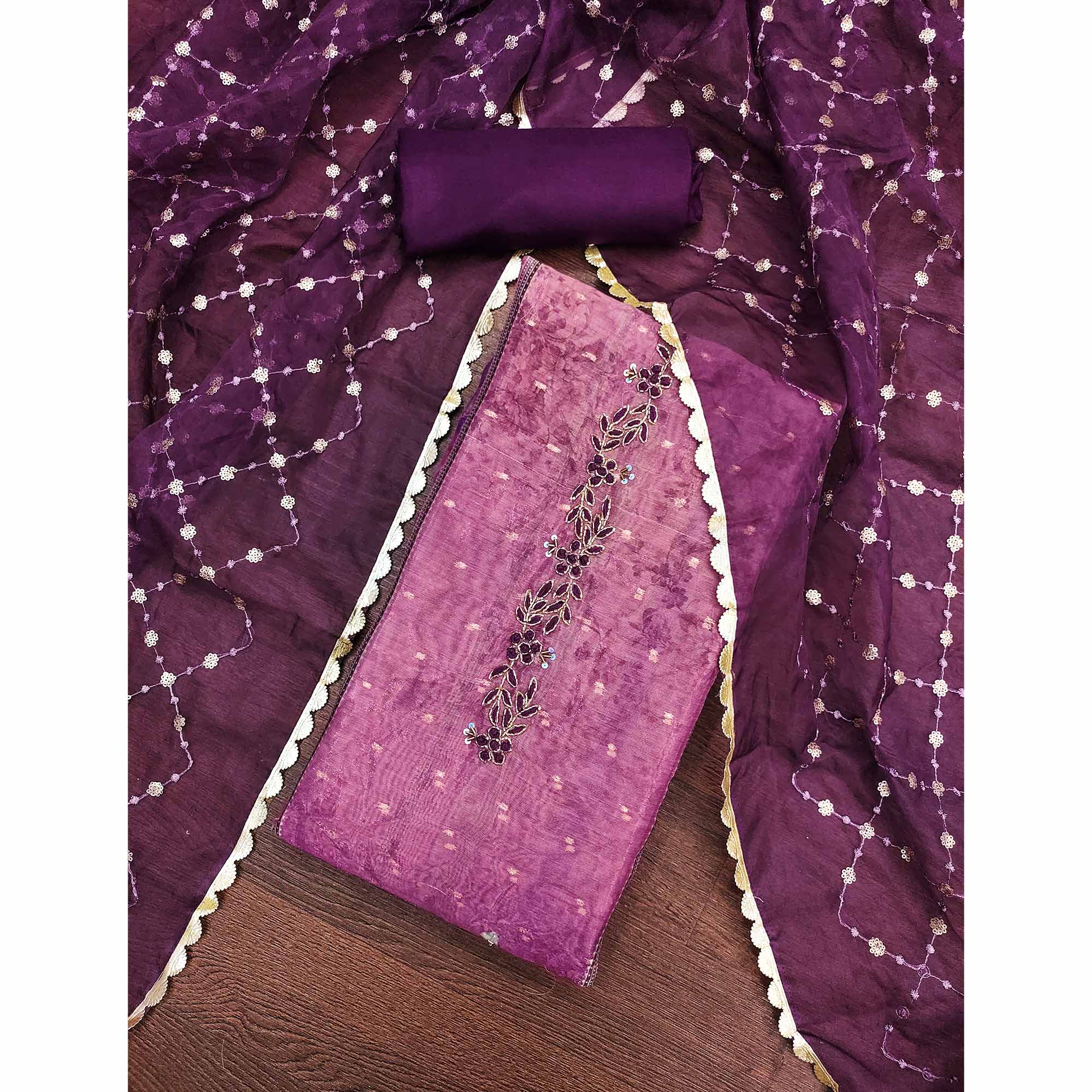 Purple Floral Printed With Handwork Shimmer Viscose Dress Material