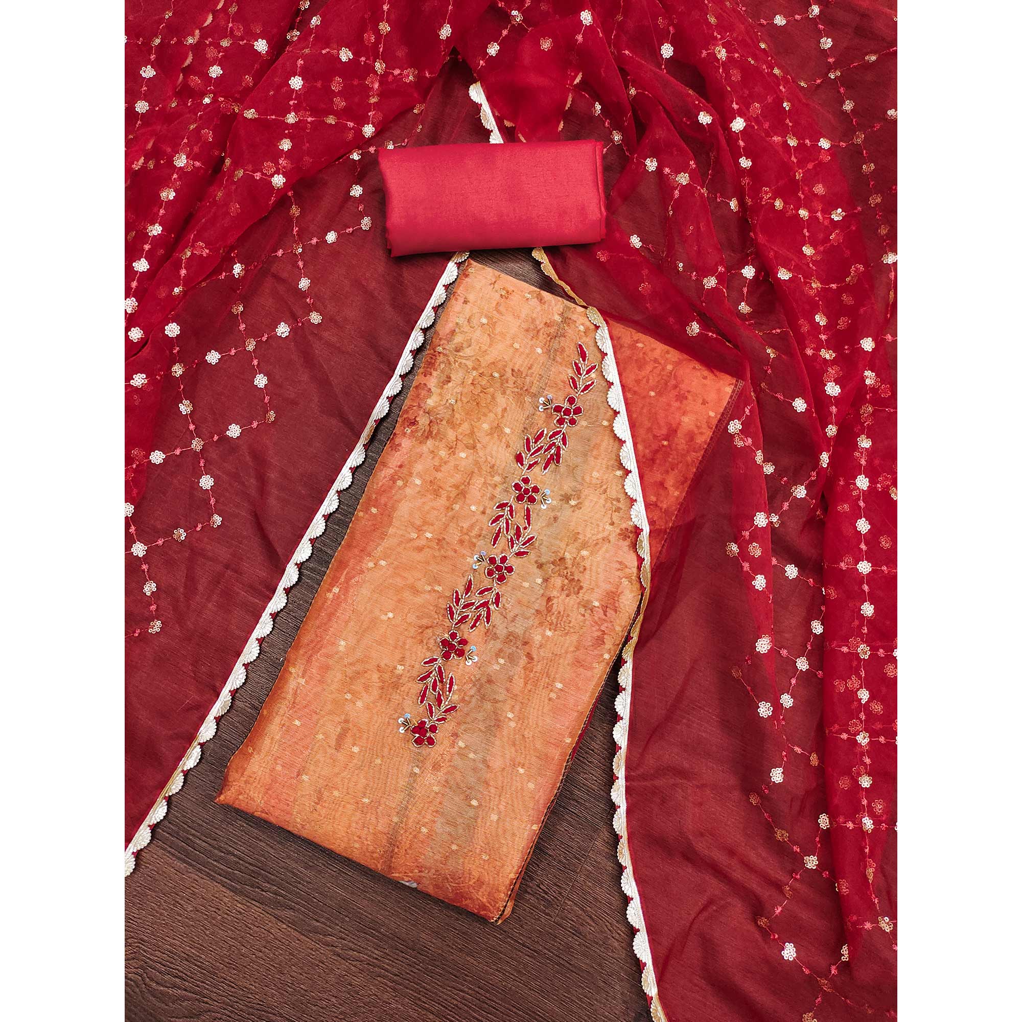 Red & Orange Floral Printed With Handwork Shimmer Viscose Dress Material