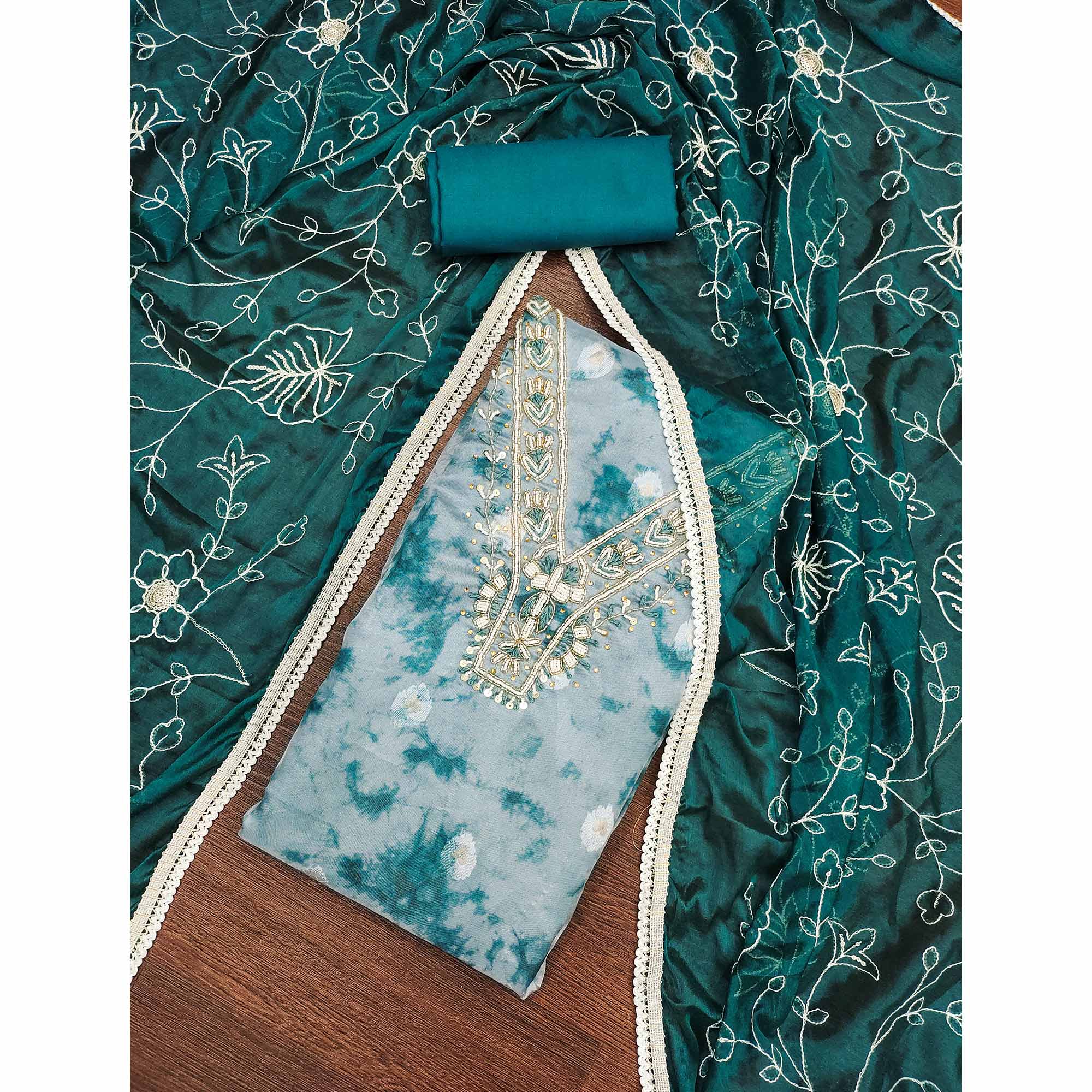 Teal Digital Printed With Handwork Organza Dress Material