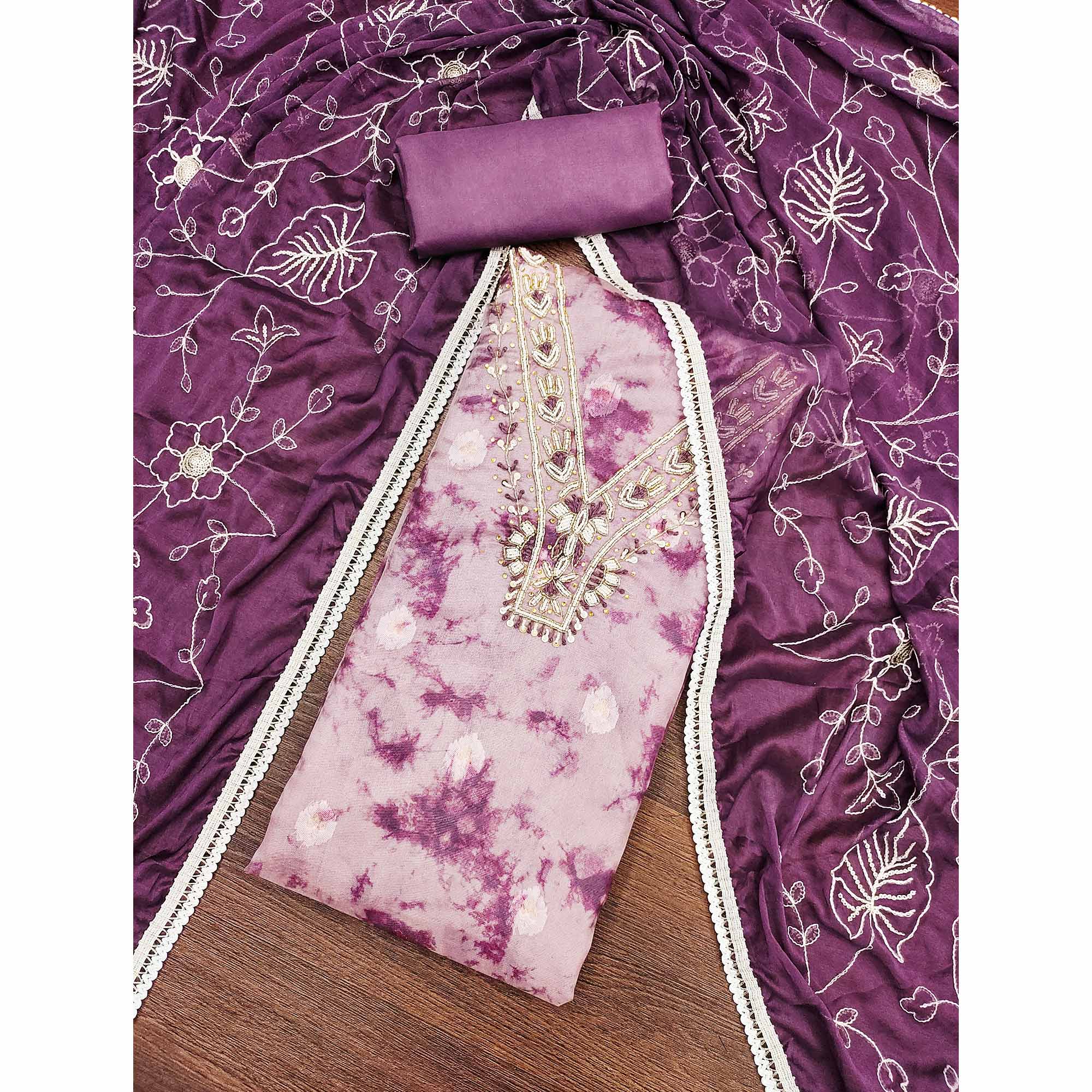 Wine Digital Printed With Handwork Organza Dress Material