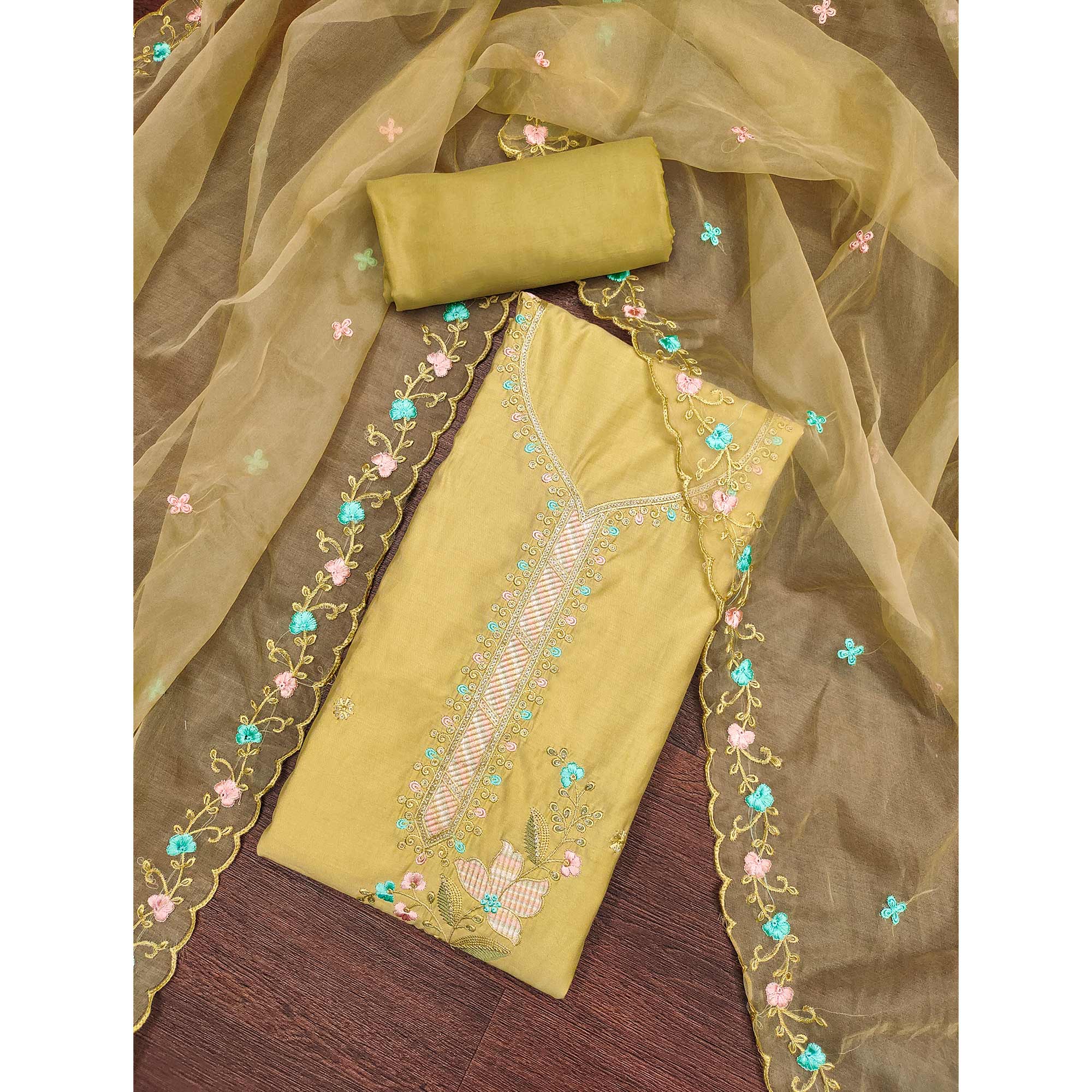 Mustard Floral Sequins Embroidered Cotton Silk Dress Material
