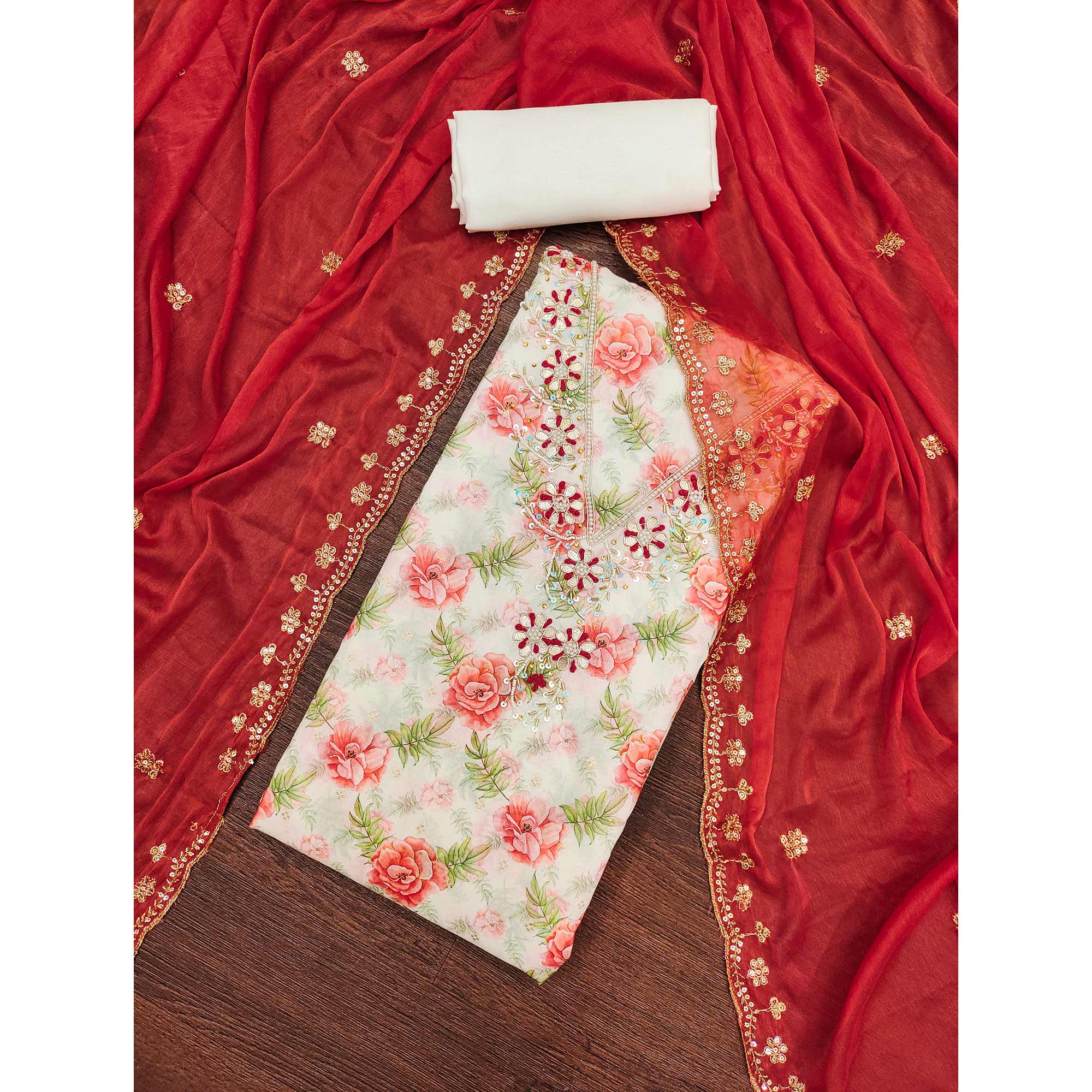 Red Floral Digital Printed With Handwork Chanderi Silk Dress Material